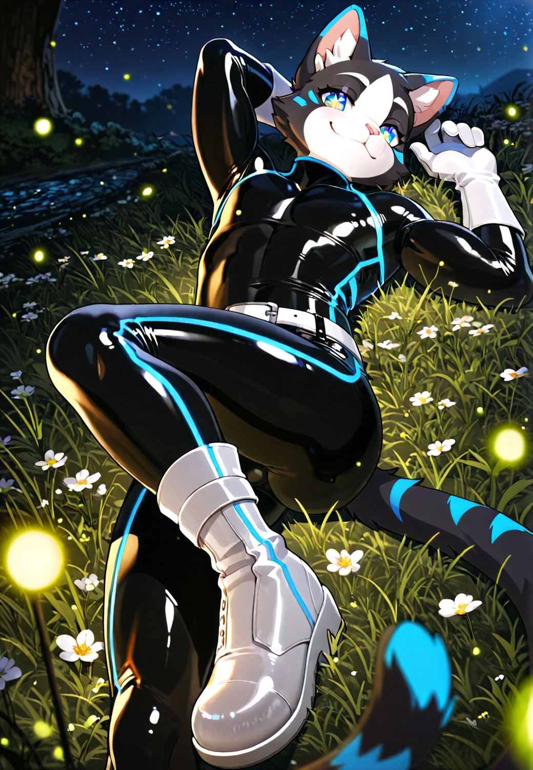 cinematic_angle,masterpiece,depth_of_field,wallpaper,(solo:1.2),furry,teenager,(1  tuxedo cat:1.2),(furry male:1.1),blue eyes,gradient eyes,sparkling_eyes,no hair,black latex bodysuit,pattern on the latex,full of blue stripes,white belt,white latex boots,white latex gloves,lying,seductive_smile,nature,night,starry_sky,fireflies,flowers meadows,depth of field,glowing neon lights,Cinematic Lighting,metallic luster,moody lighting,rim light,available light,background light,Volumetric Lighting,[<lora:lora:1.1>],wear open toe shoes,<lora:FURRY工坊β:1>,juvenile male muscle,
