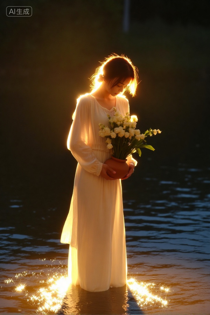 woman in a flowing white dress standing in water, holding a clay pot with white flowers, golden sunset light creating a glowing halo around her, sparkling water reflections, ethereal and poetic atmosphere, dark twilight background, soft and dreamy lighting., , Negative prompt: ng_deepnegative_v1_75t,(badhandv4:1.2),EasyNegative,(worst quality:2),,nsfw, Steps: 30, Sampler: Euler, CFG scale: 3.5, Seed: 1334633211, Size: 720x1080, Model hash: 8cba4f1ef4, Model: F.1基础算法模型-哩布在线可运行_F.1-dev-fp8.safetensors, Denoising strength: 0, RNG: CPU, Lora 1: 20250913-1757780180322-0001, Lora Hash 1: 2c61ab8cf8, Lora Weight 1: 0.8, vae_name: automatic
