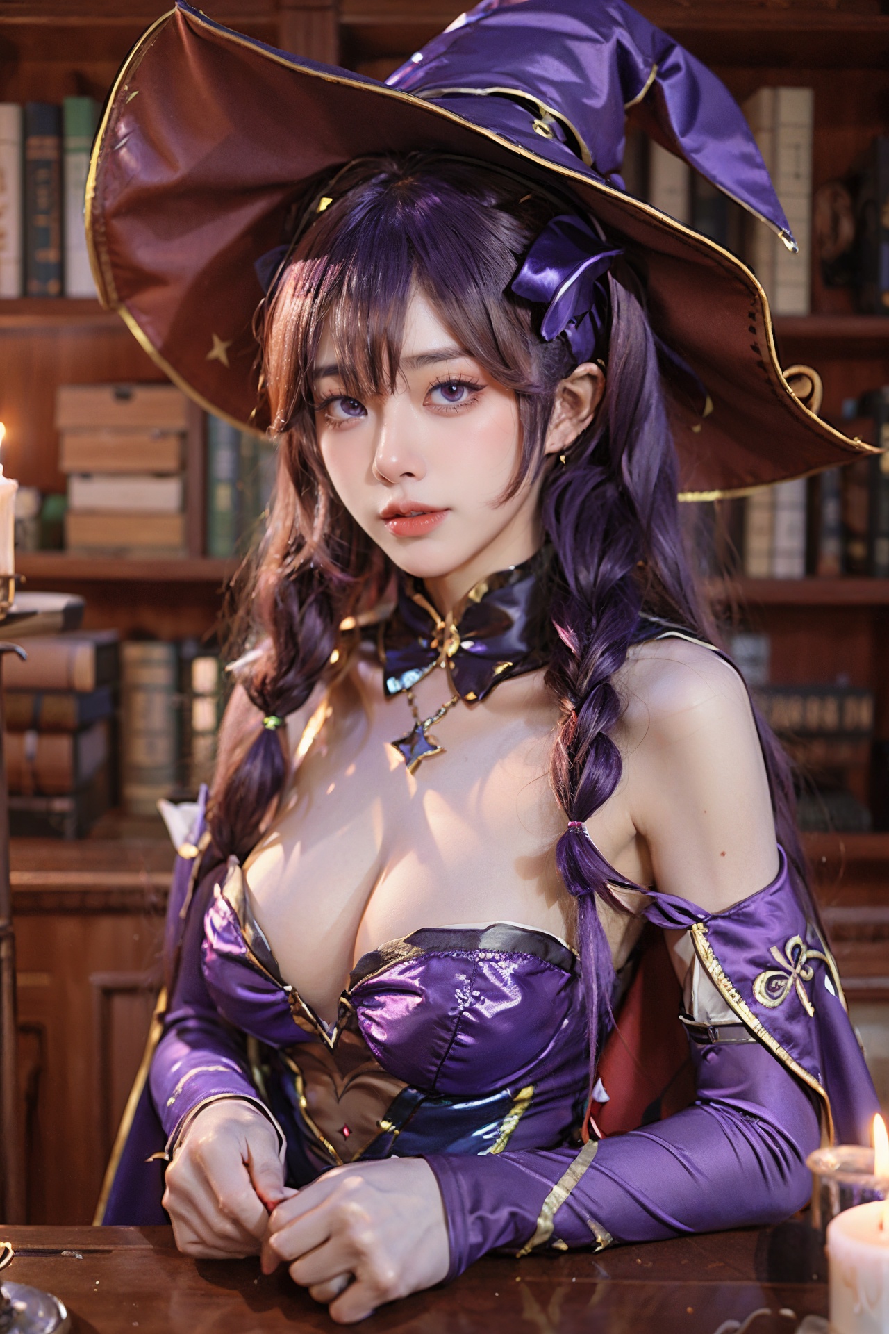 purple leotard,purple hair,detached sleeves,Mona,1girl,solo,leotard,hat,witch hat,twintails,looking at viewer,candle,green eyes,<lora:Mona:0.7>,upper body,cape,fur collar,upper body,