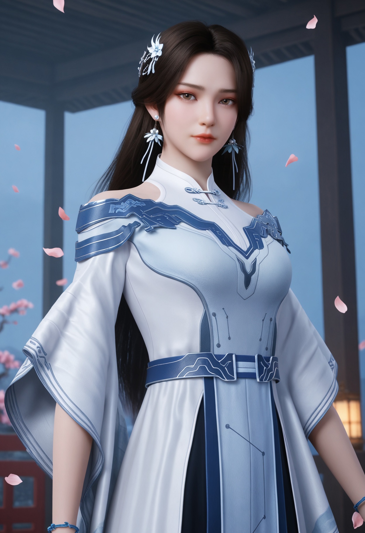 (upper_body:1.2),(looking at viewer:1.1),masterpiece,(best quality),smog,Dark room,dim lighting,peach blossom,falling petals,<lora:YQ_Illustrious光辉v5_李小曼_V1:0.8>,q1528437228,1girl,solo,jewelry,dress,long hair,hair ornament,earrings,white dress,black hair,bracelet,brown hair,chinese clothes,white footwear,long sleeves,brown eyes,boots,blue eyes,wide sleeves,blue dress,grey footwear,hair flower,shoes,