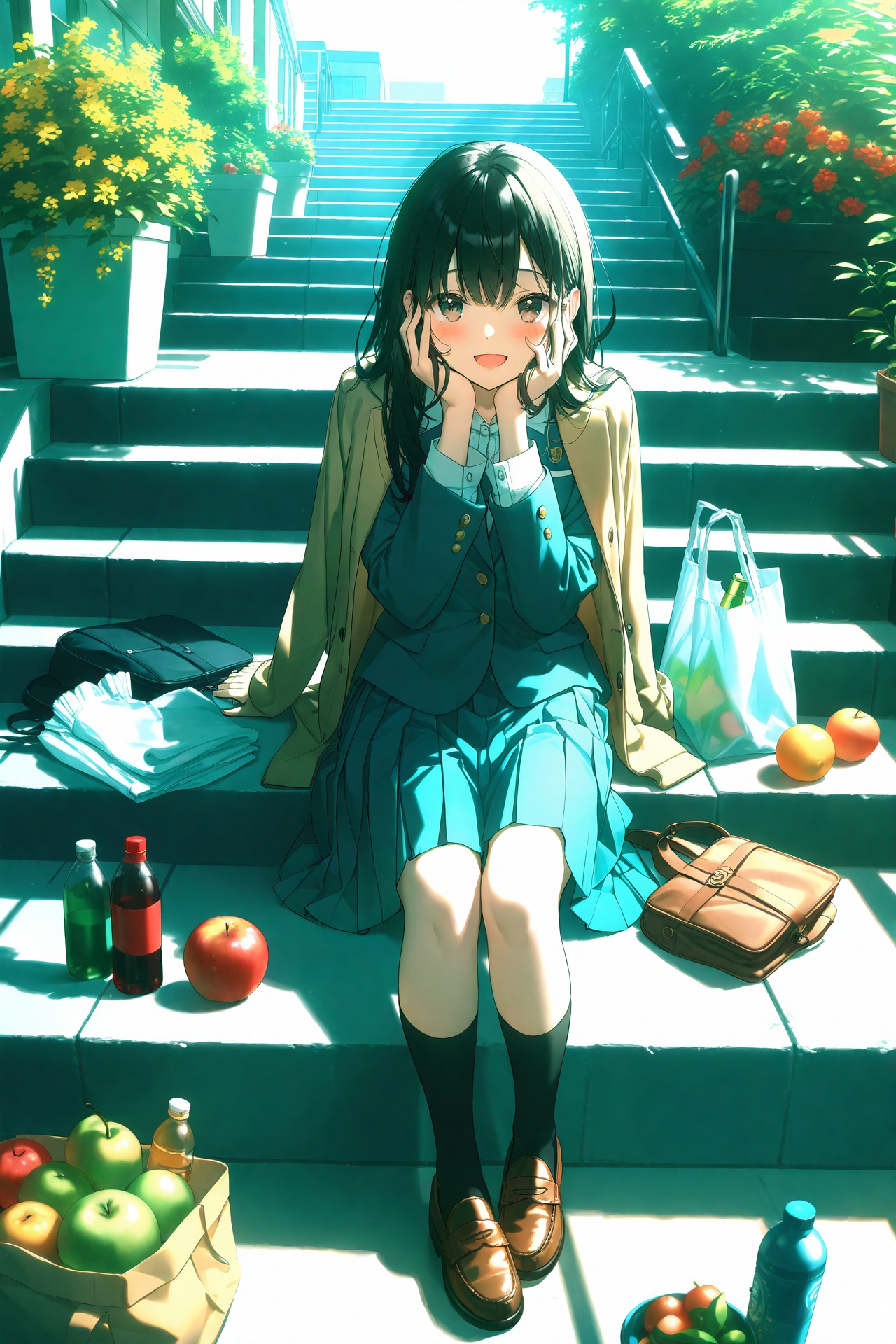 (masterpiece),(best quality),illustration,ultra detailed,hdr,Depth of field,(colorful),1girl,black hair,sitting,stairs,long hair,bag,solo,socks,skirt,shoes,food,smile,jacket,fruit,open mouth,looking at viewer,bottle,head rest,school uniform,brown footwear,outdoors,black eyes,bangs,black socks,loafers,railing,long sleeves,hands on own face,plant,blue skirt,hands on own cheeks,jacket on shoulders,shirt,blush,:d,plastic bag,shopping bag,