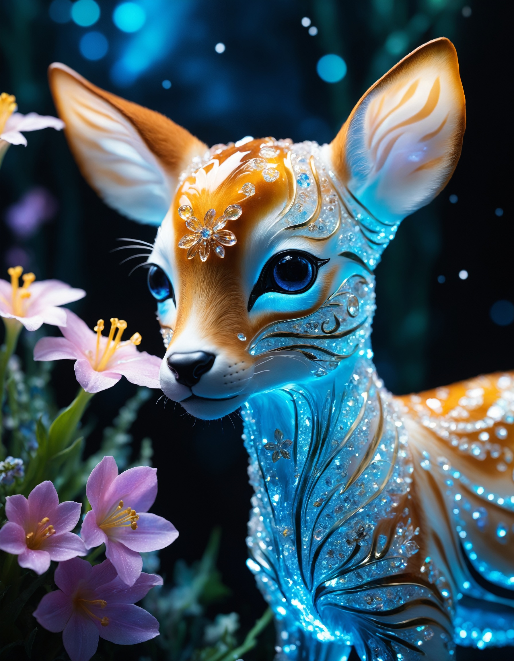 delicate and transparent crystal glass sculpture very sad striped kitten filled with bioluminiscent flowers,  sparkling di...