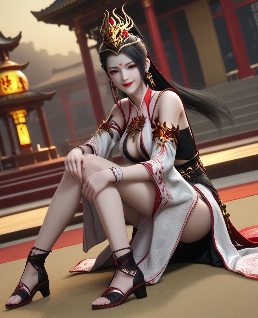 (oriental architecture, elegant decor, sophisticated style:1.1),(hands on knees:1.1),crazy smile,(large breasts:1.2),<lora:XL16师兄啊师兄玖酒:0.95>,miss jiujiu,white dress,forehead mark,black hair,ponytail,long hair,hair ornament,jewelry,earrings,black slip dress,black high-heeled sandals,red lips,, score_9,score_8_up,score_7_up,score_6_up,score_5_up,score_4_up,3d rendering,tag1,tag2, Cinematic Lighting,backlighting,