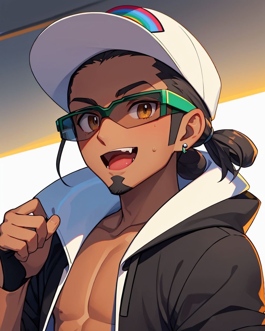 masterpiece,best quality, highly detailed, kukui (pokemon),1boy, solo, male focus, earrings, open mouth, orange headwear, dark-skinned male, partially fingerless gloves, hand up, fang, looking at viewer, black hoodie, single glove, tongue, :d,<lora:kukui_(pokemon):1>