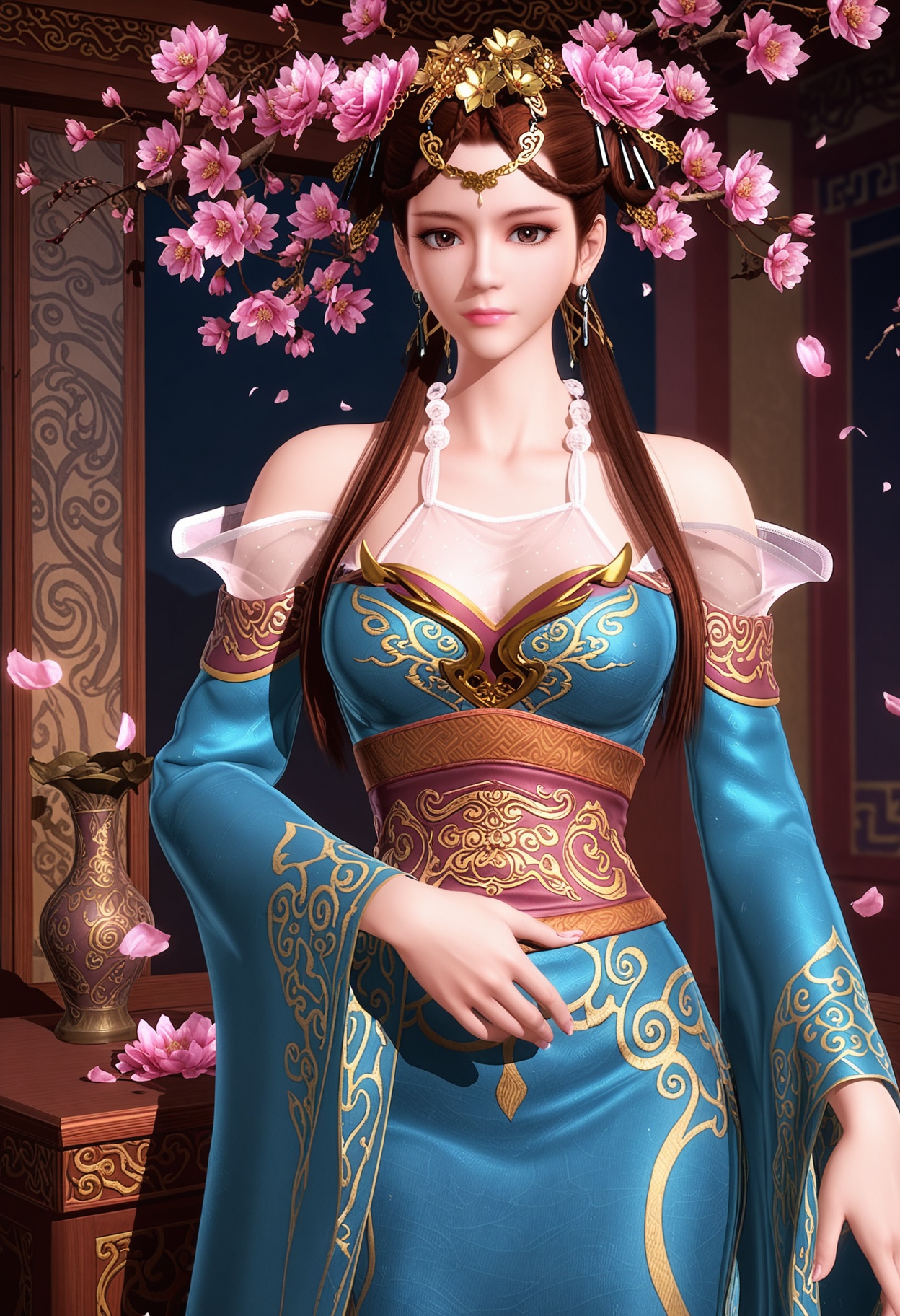 (cowboy shot:1.2),(looking at viewer:1.1),masterpiece,(best quality),smog,Dark room,dim lighting,peach blossom,falling petals,<lora:YQ_Illustrious光辉v5_涟衣_V1:0.8>,q1528437228,1girl,solo,brown hair,hair ornament,jewelry,long hair,hair flower,earrings,brown eyes,dress,chinese clothes,braid,necklace,hair rings,sash,twintails,