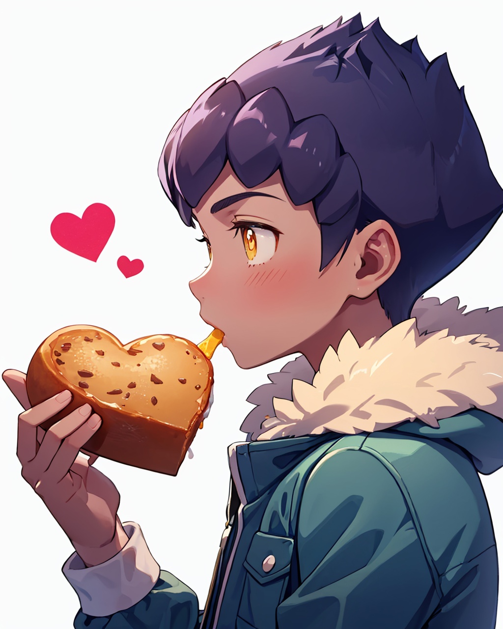 masterpiece,best quality, highly detailed, hop (pokemon),male focus, fur-trimmed jacket, dark-skinned male, holding, 1boy, from side, blush, heart, food, upper body, white background, hands up, blue jacket, eating,<lora:hop_(pokemon):1>