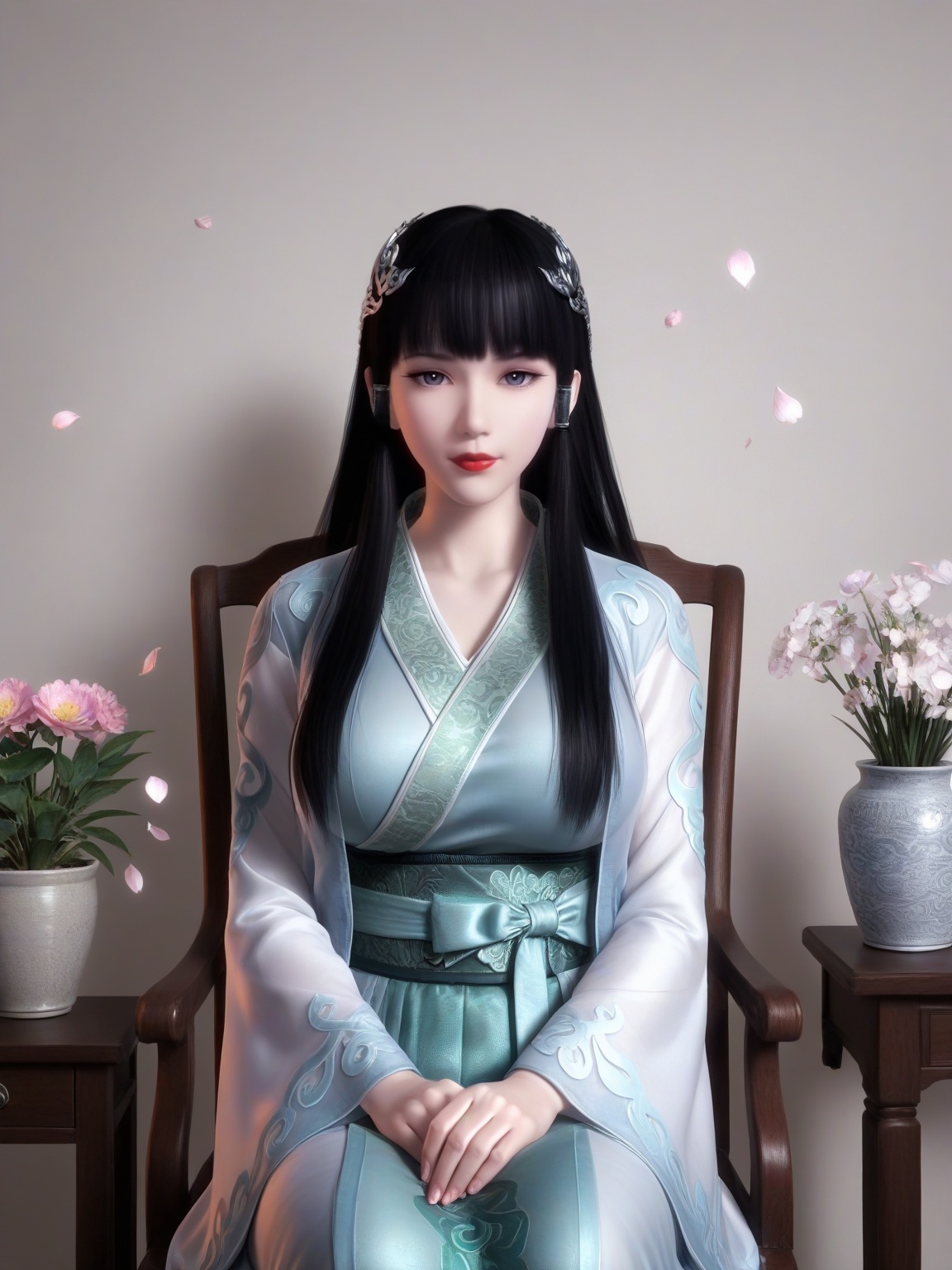 masterpiece,ultra-HD,photorealistic,high detail,best quality,8k,best quality,sharp focus,ray-tracing,1girl,breasts,large breasts,long hair,hair ornament,black hair,lipstick,bangs,long sleeves,dress,wide sleeves, sitting,chair,falling petals,eyelashes,solo,looking at viewer,enchanting expression,red lips,Flower Potted Plants,<lora:SF_XinYueHu_ILv4050_Real-000004:0.7>,