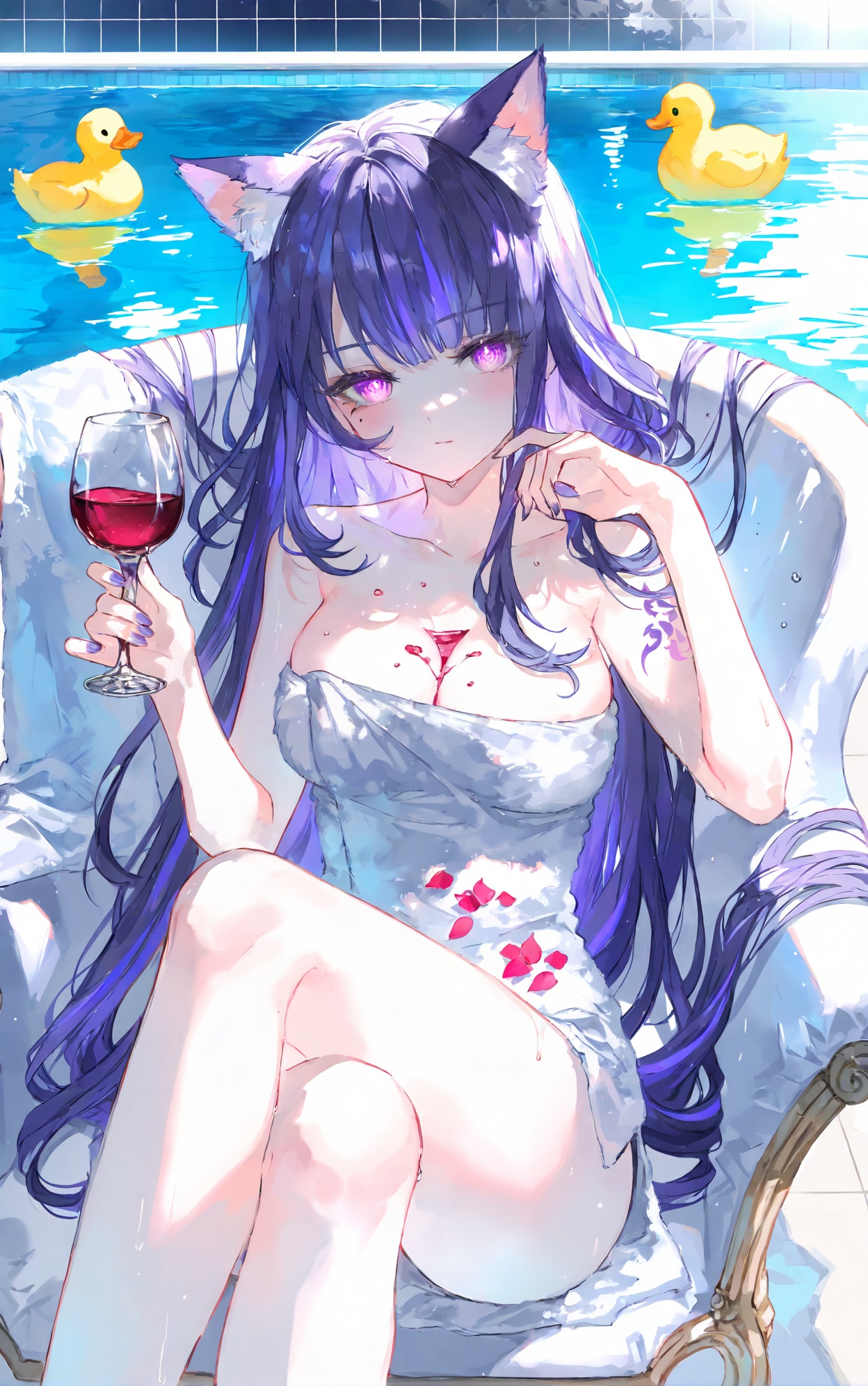transparent,trough,tender,christmas,lightshadow,RAIDEN SHOGUN \(genshin impact\),Pool,towel,duck,steam,lean,chair,reflection,at the pool,solo,looking at viewer,breast,1girl,Blush,nail polish,glowing eyes,masterpiece,best quality,very aesthetic,absurdres,illustration,extreme aesthetic,(quasarcake:0.7),masterpiece,best quality,good quality,newest,year 2024,year 2023,very aesthetic,absurdres,Delicate hands,Finger of detail,Cat ears,cover mouth,head up,petal,tattoo,Red wine,liquid,pectoral,