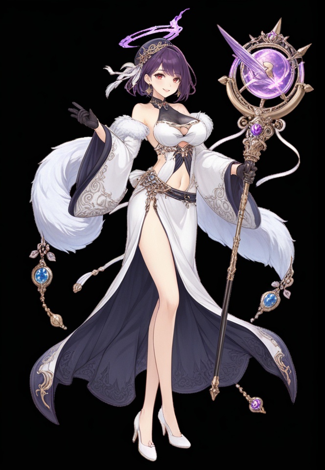 (best quality), ((masterpiece)), (highres), illustration, original, extremely detailed,   <lora:死の爱丽丝:0.7>1girl, long magic wand, breasts, solo, staff, gloves, large breasts, holding staff, holding, white background, purple hair, looking at viewer, full body, simple background, high heels, dress, white dress, jewelry, black gloves, earrings, navel, short hair, bare shoulders, side slit, sleeveless, clothing cutout, smile, navel cutout, half gloves, bangs, sideboob, hair between eyes, red eyes, standing, wide sleeves, magic, hat, floating, parted lips, thighs, closed mouth, hand up, off shoulder, white footwear, feather boa, halo, long dress, sleeveless dress, side cutout, fur trim, floating object, no background