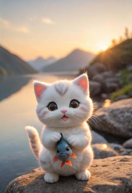 a small,  simple,  cuddly felt fat kitten holding a fish in its tiny hands on Tensor.Art