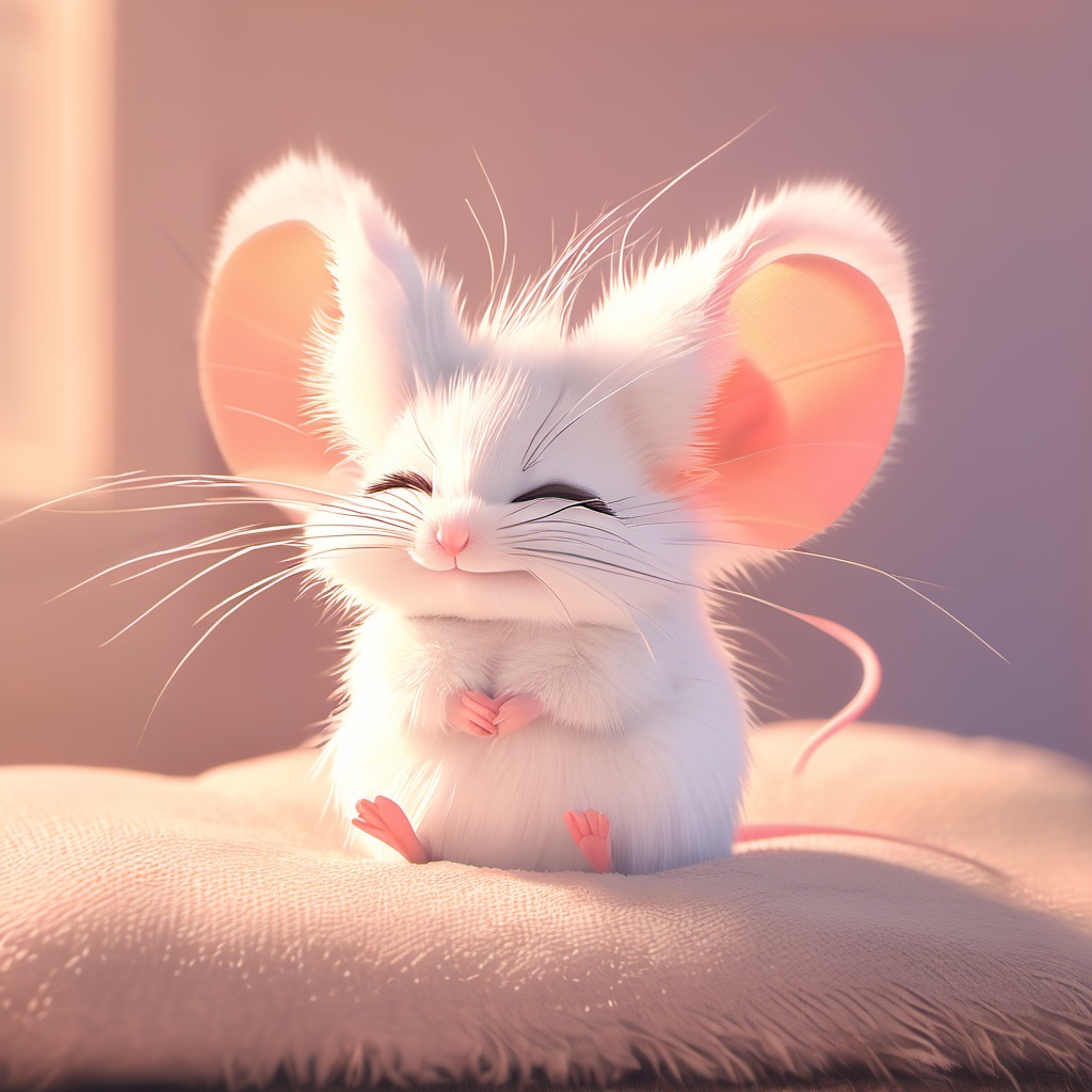 zishu,mouse,^ ^,:3,whiskers,cute,cc-color-correction,mf-movie-filter,warm colors,whimsy and dramatic lighting,white fur,big mouse ears,no humans,fluffy,mouse focus,closed eyes,blurry,facing viewer,solo,blurry background,smile,realistic,closed mouth,sitting,depth of field,full body,<lora:zishu_xl:0.8>,