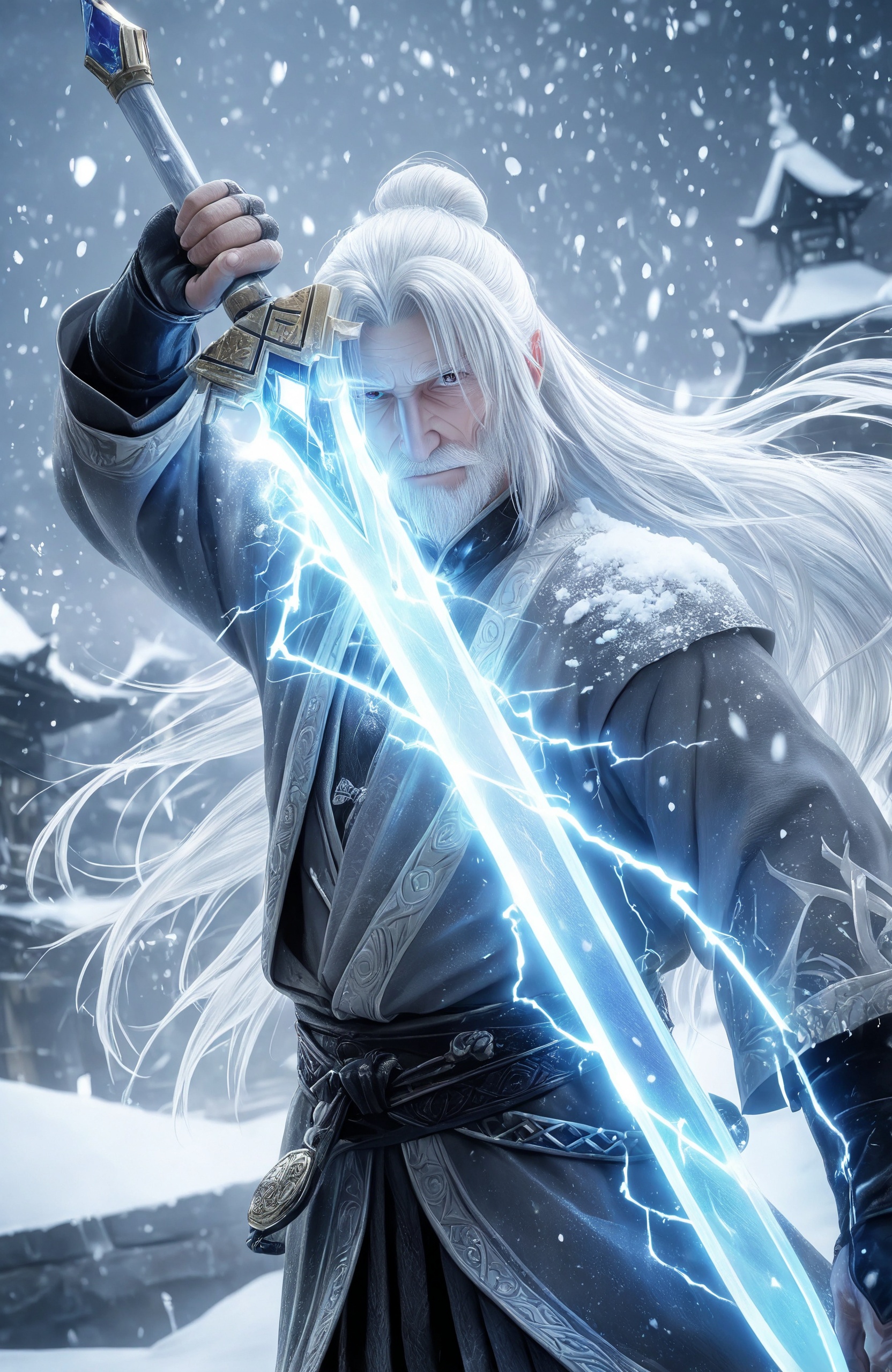 CG,A white haired old man,holding a sparkling sword and wearing a gray robe,tied his long hair into a bun,with a nervous expression. It was snowing,with snow on his shoulders and lightning flashing on the sword. Snow and sparks danced around,and the flowing energy dispersed in all directions. The background was snowy,and from a close-up perspective,subtle light illuminated the scene. The exquisite features of keen eyesight,firm posture,decorative buckle,and flowing belt at the back created a peaceful and energetic atmosphere,blending elements of fantasy and martial arts.,from_below,dutch angle,dynamic_angle,