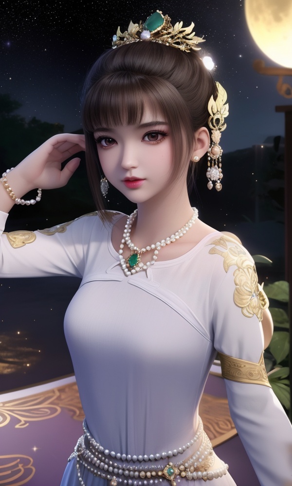(,1girl, ,best quality, ),looking at viewer, <lora:389-DA-永生-虚月儿:0.8> ,, ,masterpiece(,1girl,night, starry sky, milky way,outdoors, full moon,  night sky, darkness,  world of darkness, , ) ,ultra realistic 8k cg, flawless, clean, masterpiece, professional artwork, famous artwork, (( , )),, , (rich:1.4), prestige, luxury, jewelry, diamond, gold, pearl, gem, sapphire, ruby, emerald, intricate detail, delicate pattern, charming, alluring, seductive, erotic, enchanting, hair ornament, necklace, earrings, bracelet, armlet,halo((, )), (), 1girl, solo, , lips,chinese_clothes, ,  female child, 