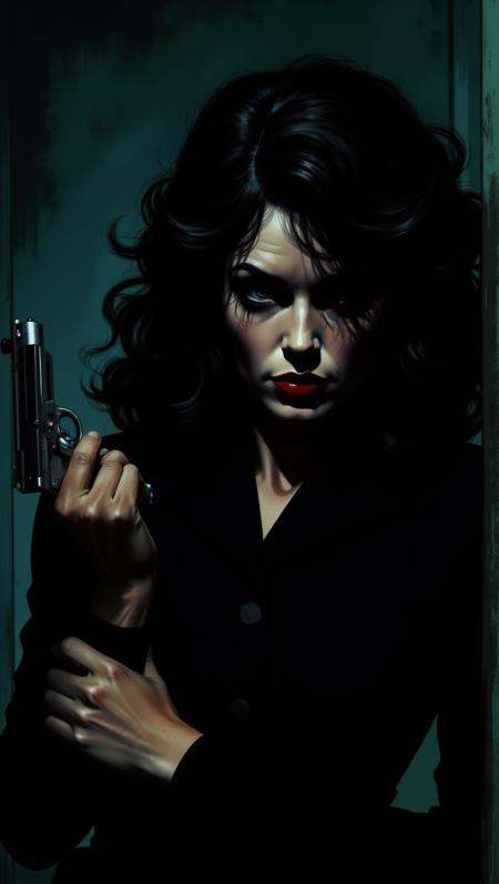 A mysterious woman with dark,  wavy hair and piercing eyes stands in the shadows of a dimly lit room. She’s holding a smal...