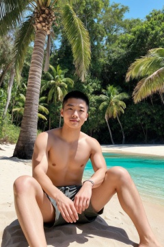 LianmoNan,1boy,man,sitting,palm tree,beach,nude,shorts,<lora:man_face_v1.0:1>,, masterpiece,best quality,