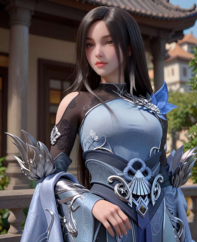 (oriental architecture, elegant decor, sophisticated style:1.1),Leaning against a railing, gazing into the distance,,(breasts:1.2),<lora:XL完美世界重瞳女:0.9>,miss chongtongnv,solo,raglan sleeve dress,sash,clothes ornaments,shoulder cutout,black hair,long hair,floral print,gauntlets,vambraces,dicoria,shawl,streaked hair,, zPDXL2, score_9, score_8_up, score_7_up BREAK realistic, masterpiece,best quality, highly detailed,, zPDXL3, zPDXL2,zPDXL, zPDXLxxx, zPDXLrl,