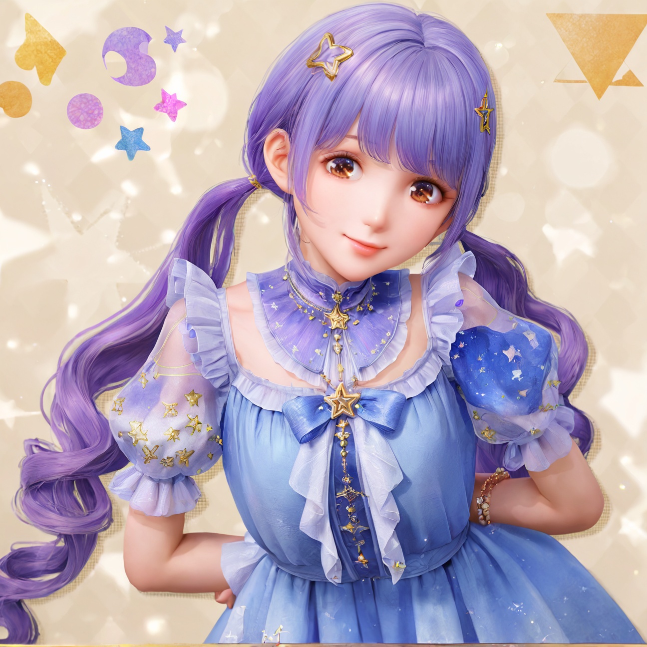 <lora:暖暖-缩小套a:0.7>,nikki,1girl,long hair,twintails,hair ornament,brown eyes,dress,purple hair,short sleeves,bangs,puffy sleeves,closed mouth,puffy short sleeves,lips,blue hair,jewelry,bracelet,see-through sleeves,blue dress,star (symbol),looking at viewer,upper body,purple_background,(bent over:1.2),(arms behind back:1.5),(head tilt:1.3),mellow jabot,solo,Round face,light smile,(Round chin:1.7),
