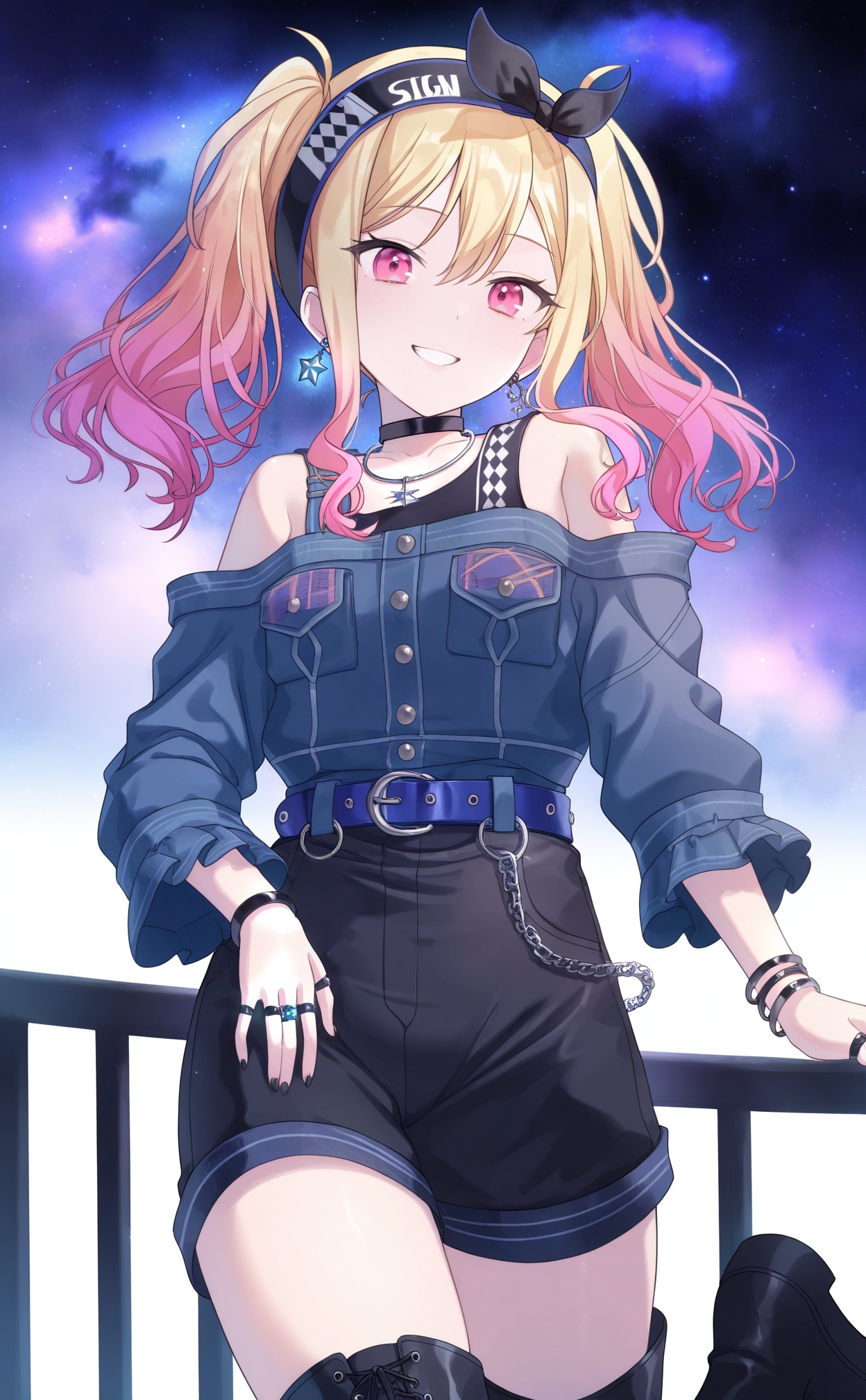 masterpiece,absurdres,best quality,loli,petite,high quality,//,1girl,blonde hair,gradient hair,jewelry,solo,ring,pink hair,multicolored hair,smile,pink eyes,shorts,twintails,boots,pocket,choker,earrings,black choker,looking at viewer,breast pocket,necklace,belt,long hair,hairband,black shorts,black footwear,star \(symbol\),thigh boots,jacket,long sleeves,grin,off shoulder,sidelocks,galaxy,denim jacket,nebula,white background,black nails,blue belt,bare shoulders,thighhighs,multiple rings,hair between eyes,star \(sky\),blue jacket,colored tips,simple background,high-waist shorts,shirt,headband,nail polish,star earrings,chain,frilled sleeves,black belt,railing,feet out of frame,black thighhighs,black hairband,cross-laced footwear,//,<lora:timmoo2——【noob】hans:0.88>,