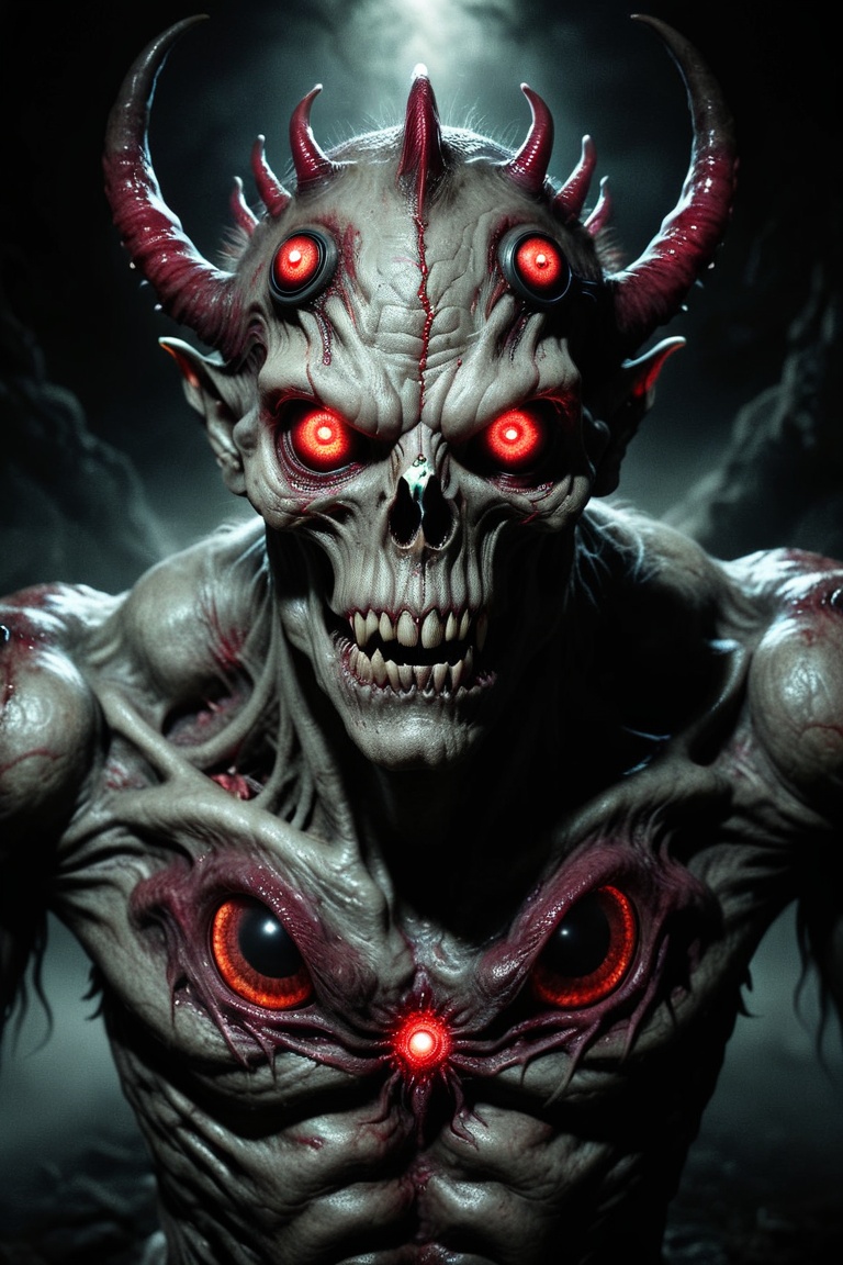 (monster) a humanoid monster with six eyes in a completely dark place with a red gaze on Tensor.Art