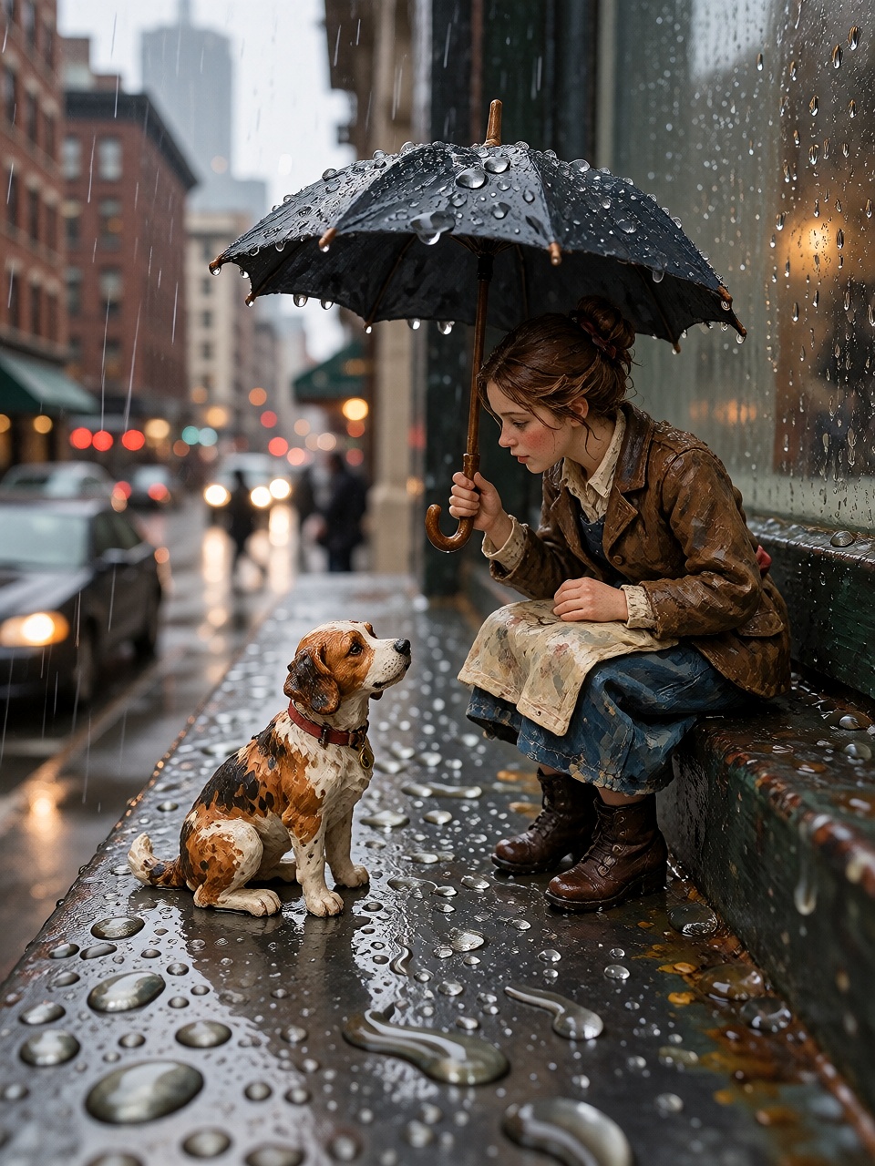 Intimate macro photograph of a tiny hand-painted miniature woman holding a miniature umbrella above a small painted dog fi...
