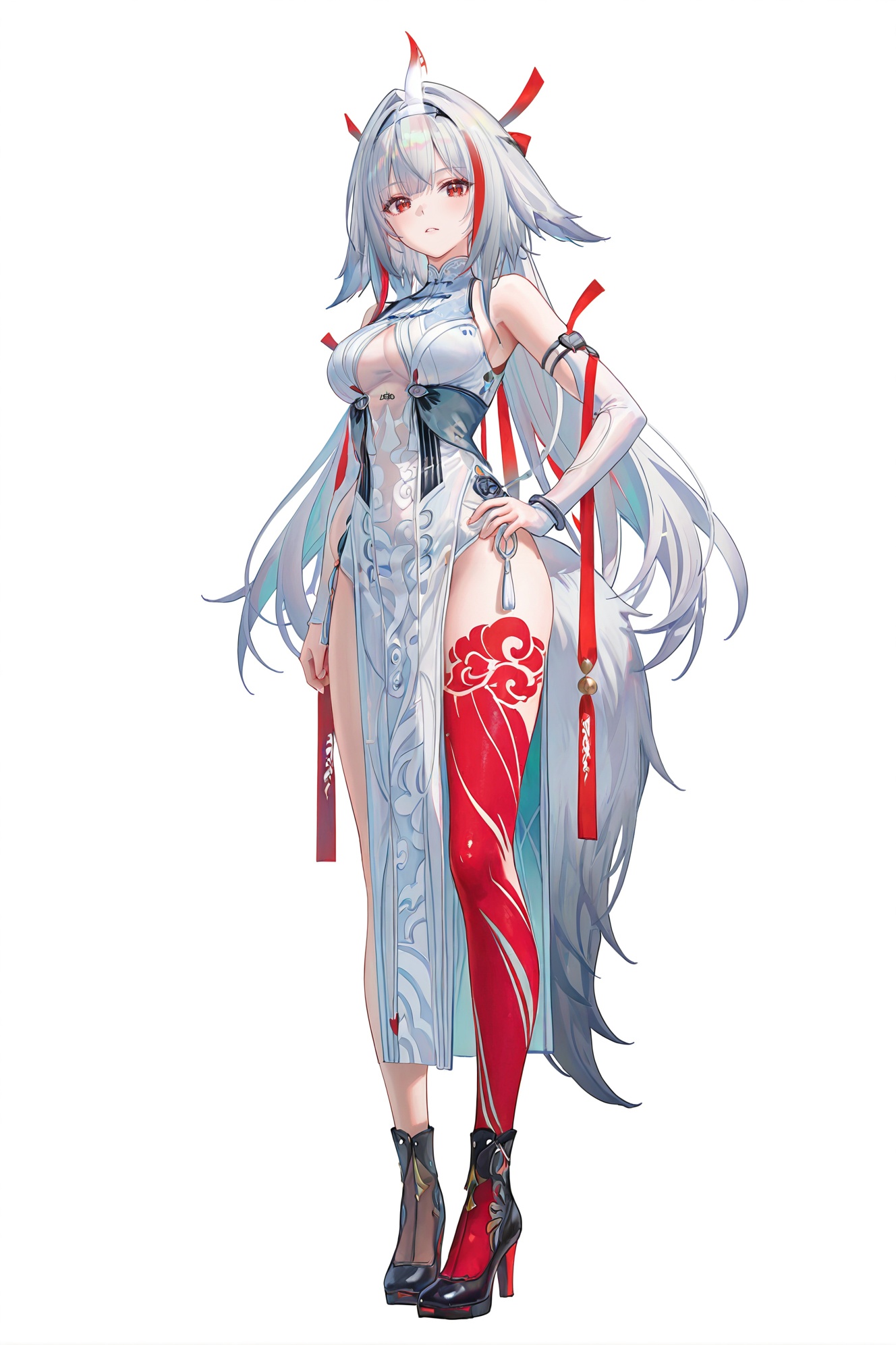 8k,best quality,masterpiece,(ultra-detailed),(high detailed skin),((artist:reoen),(artist:fuzichoco),(artist:atdan),(artist:torino_aqua),year 2024:0.8)1girl,[artist:wlop],[artist:ningen_mame],artist:ciloranko,[[artist:rhasta]],artist:tidsean,colorful,full body,full shot,standing,(solo:1.2),simple background,(white background:1.2),hand on own hip,(white background:1.1),looking at viewer,<lora:Ye_Shunguang-noob-Tanger-000014:0.8>,Ye Shunguang \(Zenless Zone Zero\),albino state,grey hair,grey animal ears,white fox tail,asymmetric red leg tattoos,extensive red left leg tattoo,single see-through horn,clothes: guang white def china dress,guang def white hairband,guang detached sleeves,red hair ribbons,1girl,long hair,breasts,red eyes,red hair,multicolored hair,high heels,streaked hair,