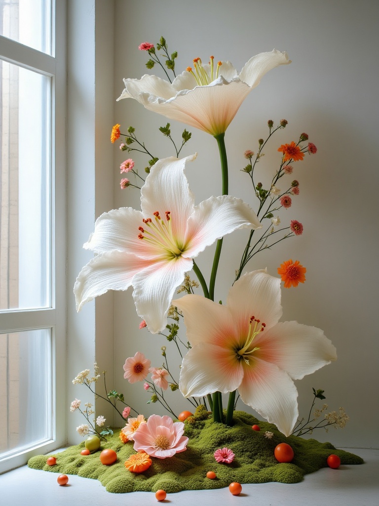 A photograph of a delicate floral arrangement featuring large,white lilies with pale pink centers,interspersed with small orange and pink flowers,set against a white wall and window. The arrangement is placed on a moss-covered base with scattered fruit,creating a serene,ethereal atmosphere.,