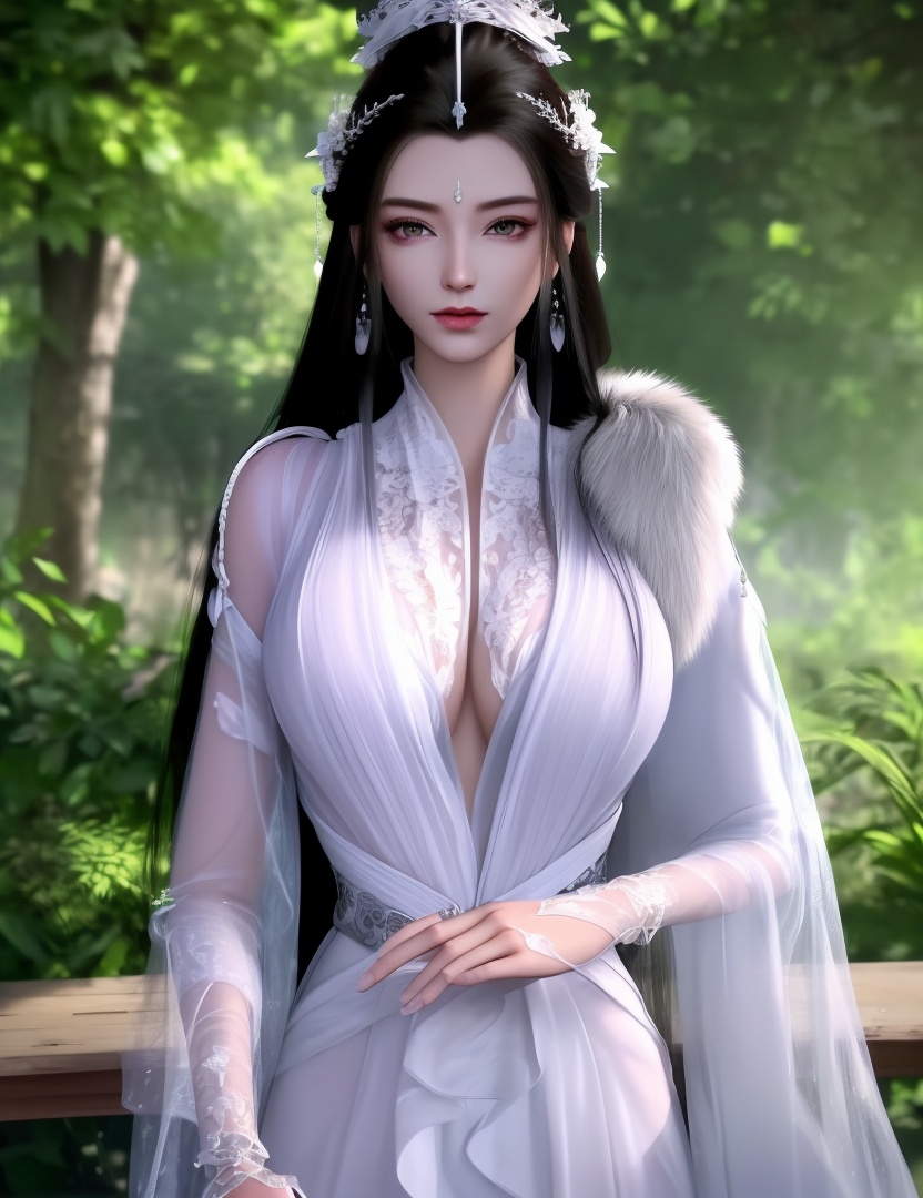ultra realistic 8k cg, picture-perfect face, flawless, clean, masterpiece, professional artwork, famous artwork, cinematic lighting, cinematic bloom, perfect face, beautiful face, beautiful eyes, ((perfect female body, narrow waist)),fantasy, dreamlike, unreal, science fiction, huge breasts, beautiful clothes, lace, lace trim, lace-trimmed legwear, absurdly long hair, very long hair, (rich:1.4), prestige, luxury, jewelry, diamond, gold, pearl, gem, sapphire, ruby, emerald, intricate detail, delicate pattern, charming, alluring, seductive, erotic, enchanting, hair ornament, necklace, earrings, bracelet, armlet,(((((1girl, pov, outdoors,  ))))) , (1girl, fur trim, ,depth_of_field, solo, fur_collar, earrings, see-through, looking_at_viewer, hanfu)<lora:DA_YueYao:0.8>
