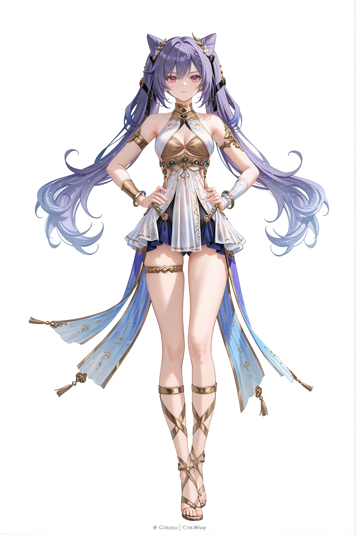 8k,best quality,masterpiece,(ultra-detailed),(high detailed skin),((artist:reoen),(artist:fuzichoco),(artist:atdan),(artist:torino_aqua),year 2024:0.8)1girl,[artist:wlop],[artist:ningen_mame],artist:ciloranko,[[artist:rhasta]],artist:tidsean,colorful,jijia,2d,ambient light,full body,full shot,standing,looking at viewer,(solo:1.2),simple background,(white background:1.2),hand on own hip,(white background:1.1),<lora:Luno-ill-Tanger:0.8>,keqing \(genshin impact\),purple hair,clothes: Lunodef Exotic white dance costume,Lunodef gladiator sandals,Lunodef dress,bracelet,jewelry,
