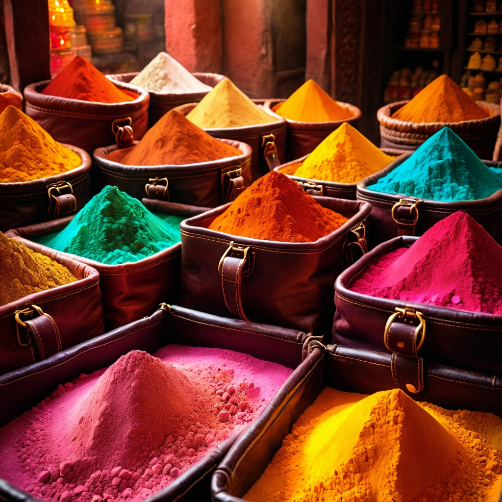sceneindiaspice,  a leather handbag,  Indian spice market stall on Tensor.Art