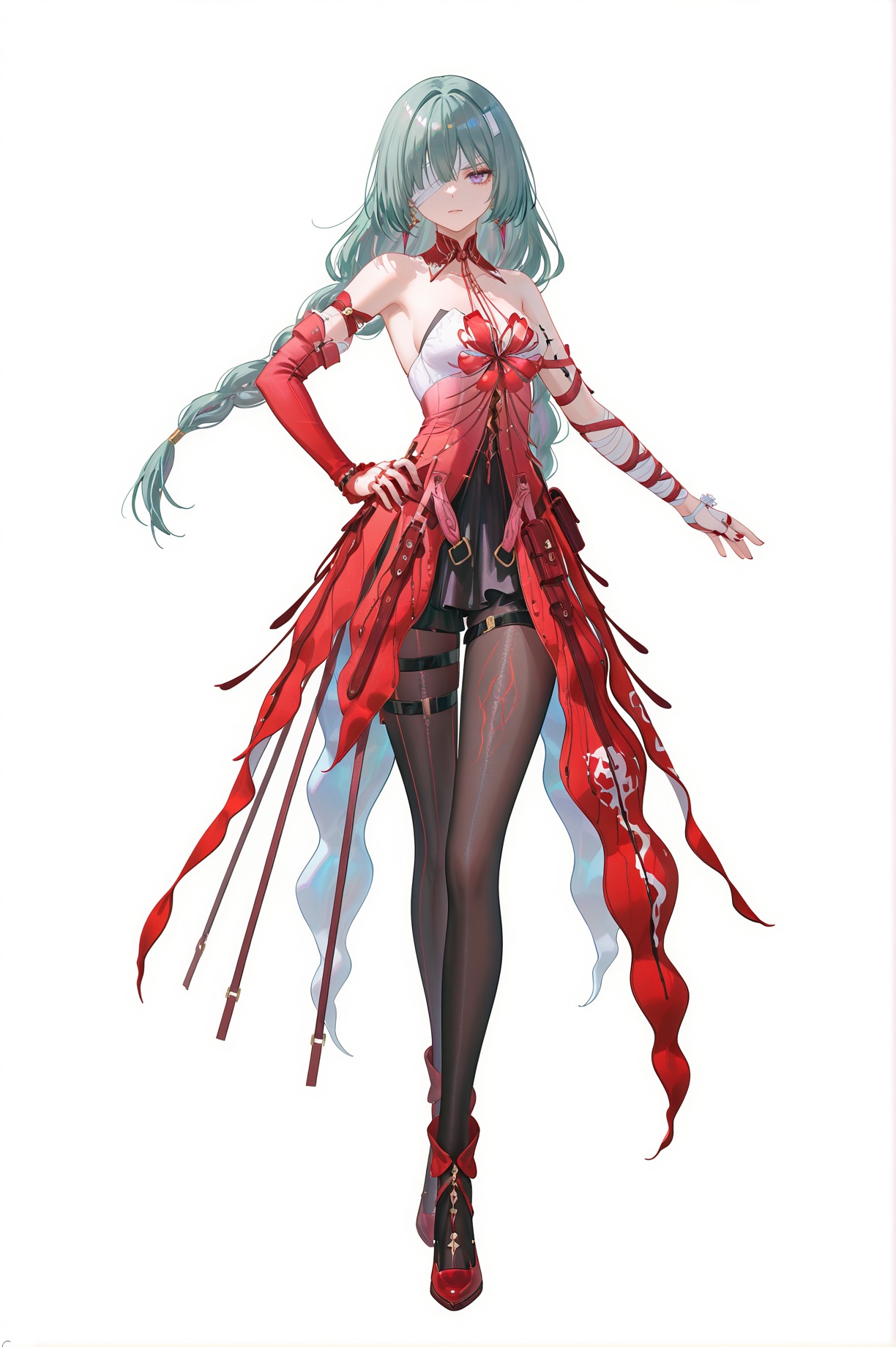 8k,best quality,masterpiece,(ultra-detailed),(high detailed skin),((artist:reoen),(artist:fuzichoco),(artist:atdan),(artist:torino_aqua),year 2024:0.8)1girl,[artist:wlop],[artist:ningen_mame],artist:ciloranko,[[artist:rhasta]],artist:tidsean,colorful,jijia,2d,ambient light,full body,full shot,standing,looking at viewer,(solo:1.2),simple background,(white background:1.2),hand on own hip,(white background:1.1),<lora:Phrolova-ill-Tanger-000014:0.9>,Phrolova \(Wuthering Waves\),clothes: Phrolovadef red dress,left-arm-only arcane sigils,black tattoo-like markings,bandaged eye,asymmetrical outfit,black pantyhose,gray-green hair,1girl,long hair,purple eyes,bandages,asymmetrical detached sleeves,