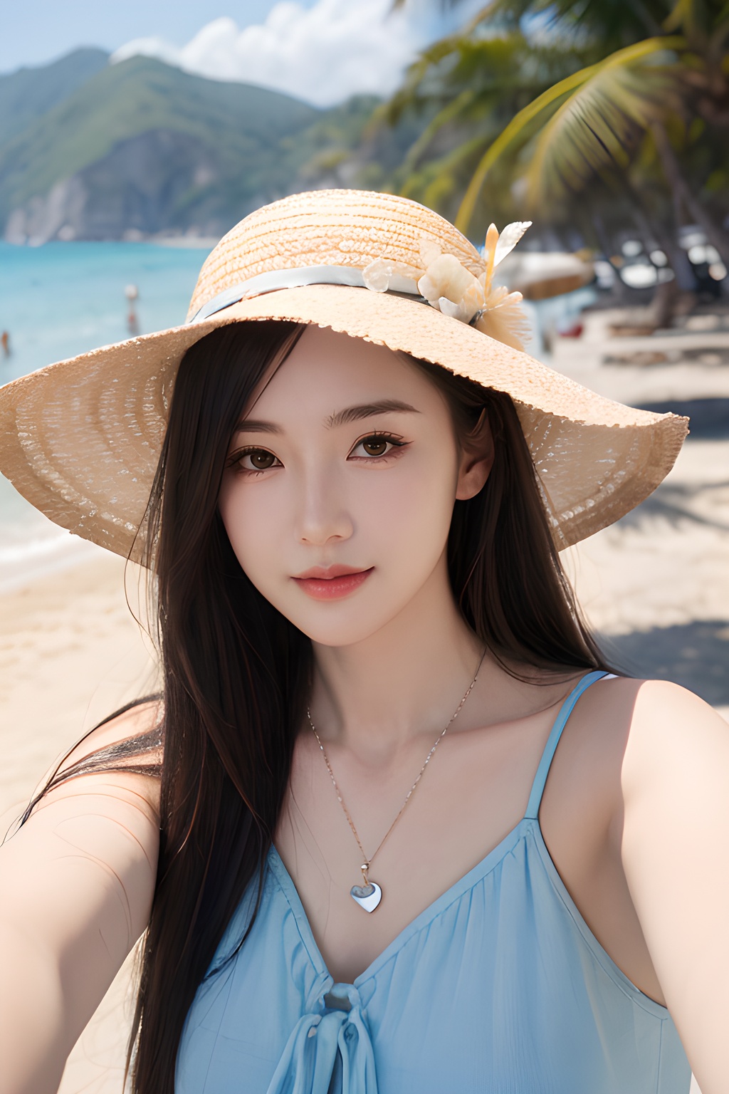 <lora:0812_03:0.7>,araffe girl with long hair wearing a straw hat and blue dress, 1girl, solo, hat, straw hat, long hair, looking at viewer, necklace, jewelry, heart necklace, smile, heart, brown hair, bangs, day, beach, outdoors, upper body, black hair, sunlight, closed mouth, swimsuit, selfie, sky, ocean,, 1girl,realistic,masterpiece, best quality, photorealistic, HDR,detail