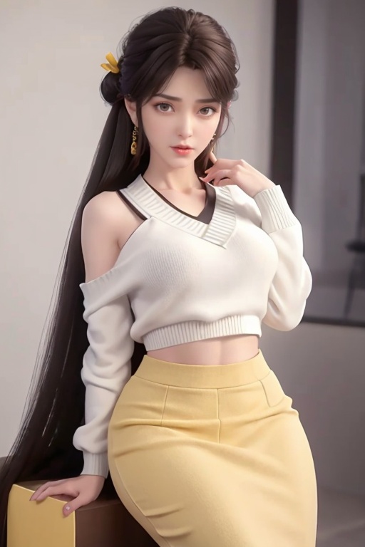 1 girl,Black hair,(White sweater:1.4),(Bare shoulder:1.2),Medium breast,Cleavage of breast,(Yellow pencil skirt:1.4),,<lora:efe0b5259240ab24697107bec85cb1333f69d8a795ea946112382384726b5fca:0.51>