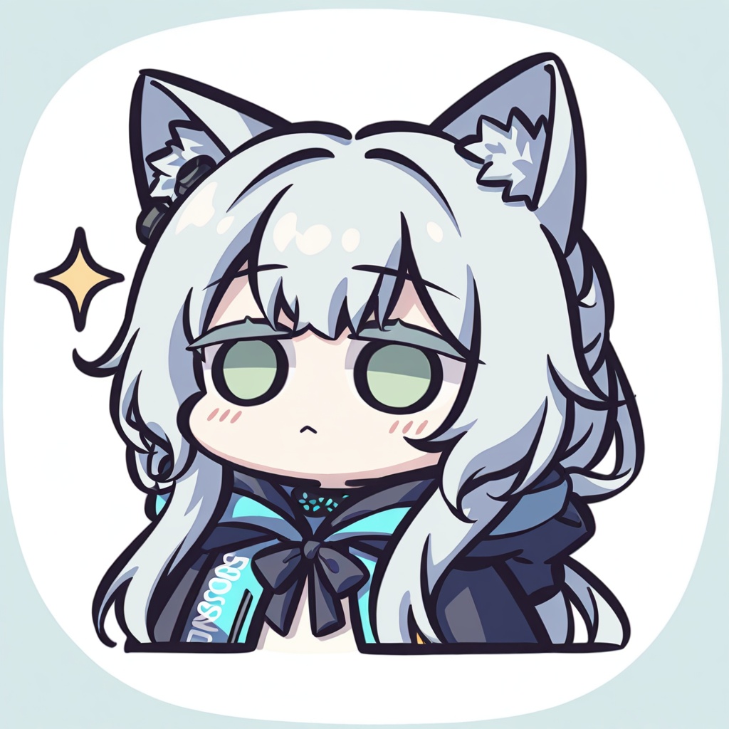 chibi,1girl,solo,upper body,rosmontis \(arknights\),arknights,animal ears,cat ears,long hair,green eyes,bangs,animal ear fluff,cat girl,white hair,grey hair,Blush, ,white background,simple background,<lora:Kei_Style_noob-4:1>,