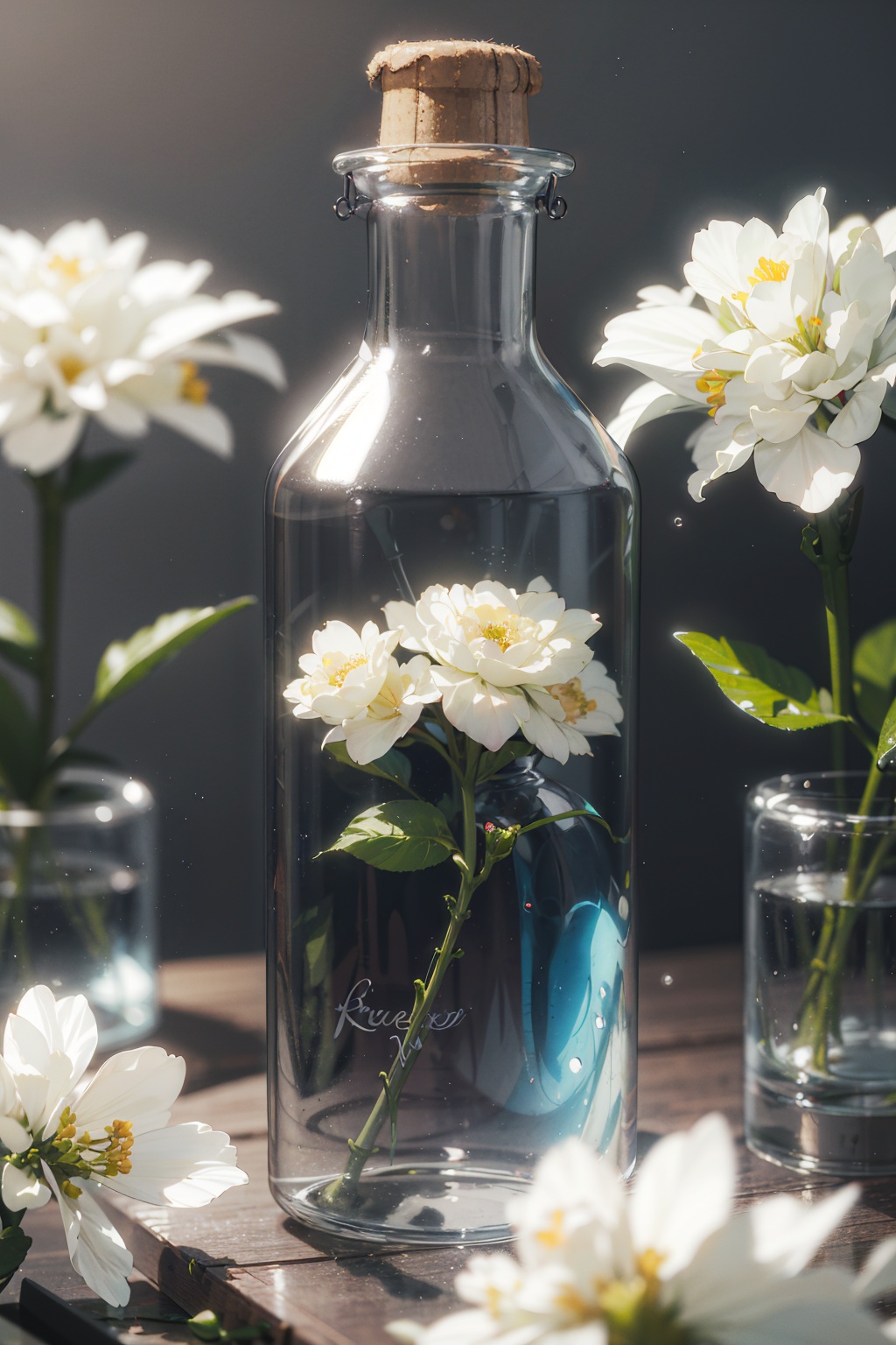 masterpiece,best quality,(ray tracing,cinematic lighting),glass bottle,close-up,white flower,blurry background,grey background,blurry foreground,simple background