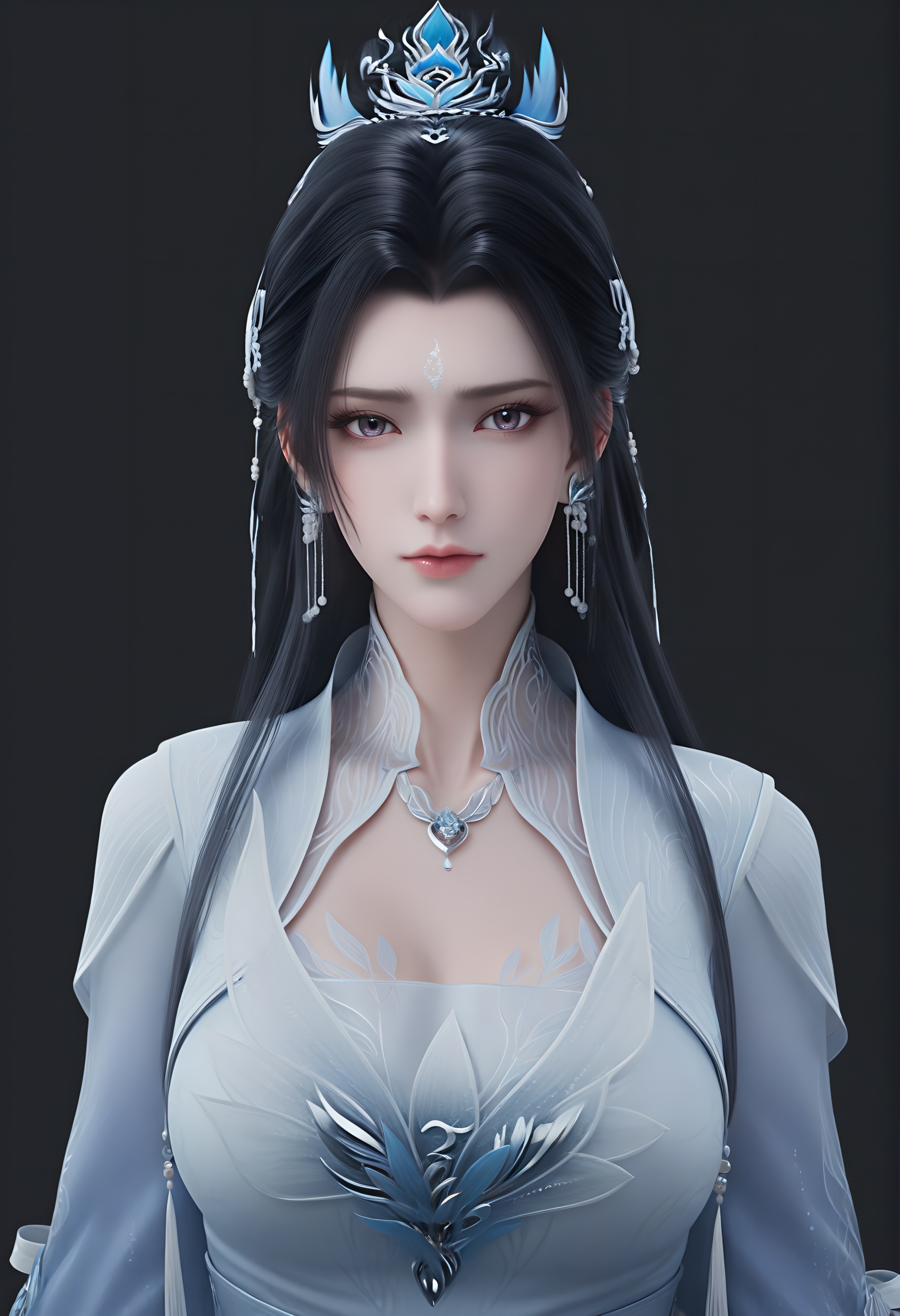 (score_9),<lora:陆雪琪2-Apony:0.85>,luxueqi,long hair,black hair,hair ornament,hair bun,updo,earrings,forehead mark,dress,jewelry,necklace,hair ribbon,belt,light blush,looking at viewer,front view,1girl,solo,(mature_female),<lora:Expressive_H-000001:0.8>,collarbone,(glamor:1.2),cleavage,(white_skin),(fair_skin:1.1),<lora:e肤色滑块:0.35>,ultra-detailed skin texture,detailed textures,BREAKsimple background,(black background),