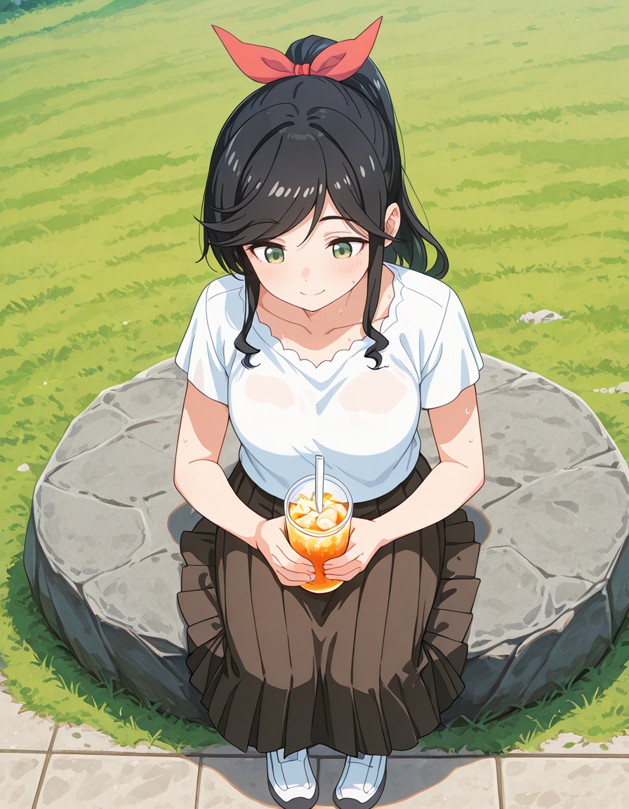 masterpiece, best quality, amazing quality, grass,1girl, from above, solo, sitting on stone, holding drink, straw, sweat, looking down, smile, tile floor,<lora:wakana_kinme-kinishite_s1-v3-ixl-anime-soralz:1>, wakana kinme (kinishite), long hair, black hair, green eyes, sidelocks, high ponytail, red hair ribbon, swept bangs, low drills,kinme shirt, short sleeves, brown skirt, pleated skirt, medium skirt, white shoes, <lora:StS-Illustrious-Detail-Slider-v1.0:3>