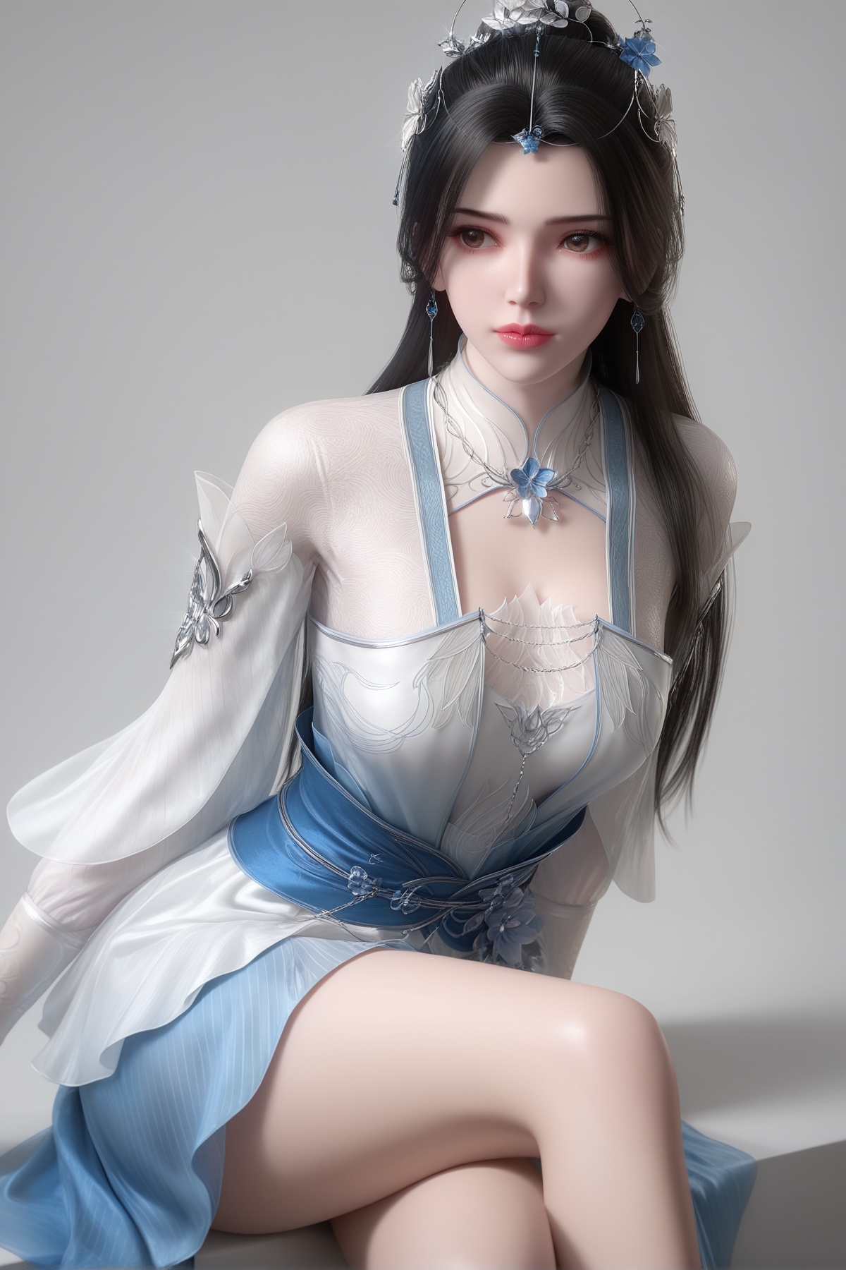 masterpiece,best quality,realistic,cinematic,detail eyes,(ultra-detailed),perfect composition,intricate details,absurdres,detailed face,high quality,high res,8K,<lora:X_limuwan_IL3.0:0.8>,black hair,brown eyes,1girl,long hair,breast,medium breast,hair_ornament,dress,bare_legs,sitting,simple background,