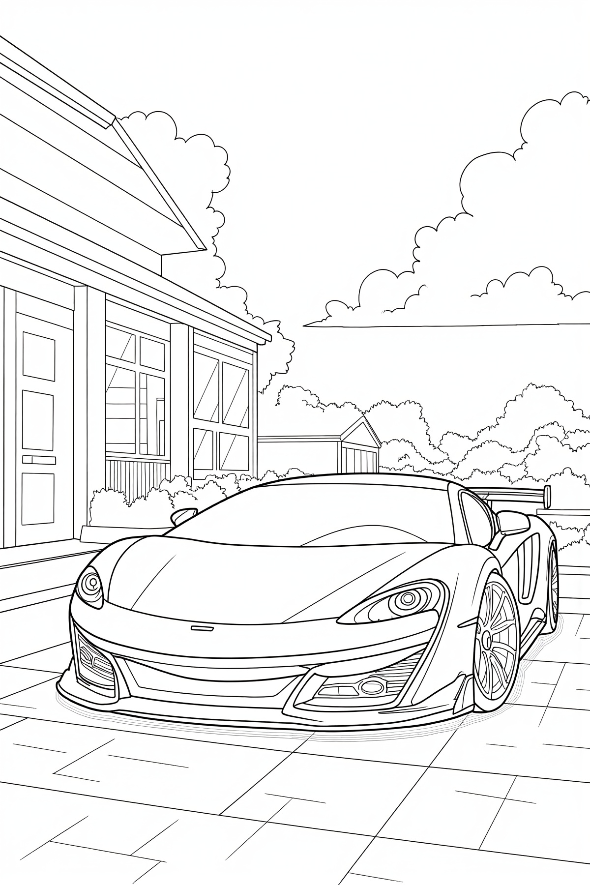 Black and white coloring illustration of a supercar parked dramatically in front of a luxury villa or mansion,  rich detai...