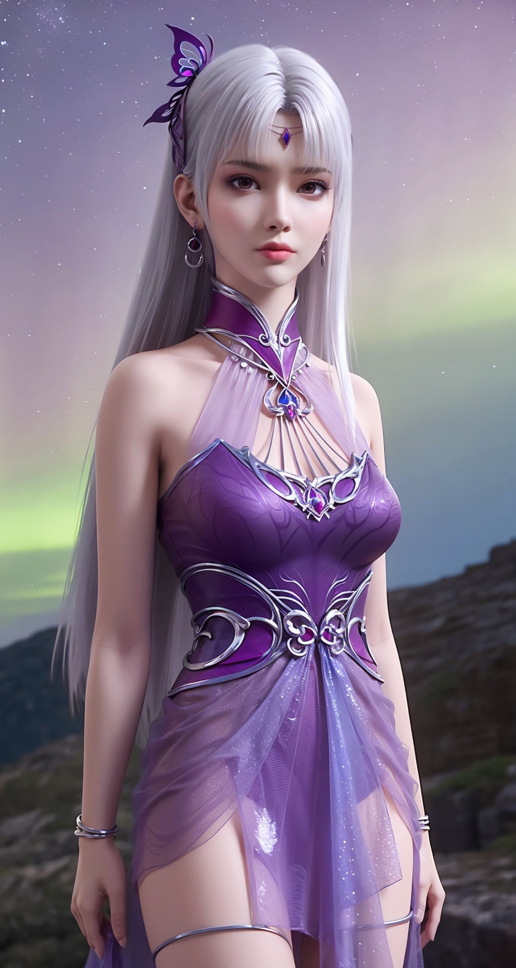 1girl,solo,hair ornament,long hair,white hair,looking at viewer,realistic,closed mouth,expressionless,jewelry,earrings,(butterfly hair ornament:0.8),bangs,collar,star,((sky)),scenery,starry sky,outdoors,night,aurora,night sky,milky way,blue theme,<lora:小医仙:0.7>,purple_dress,long_legs,rock,full_shot,