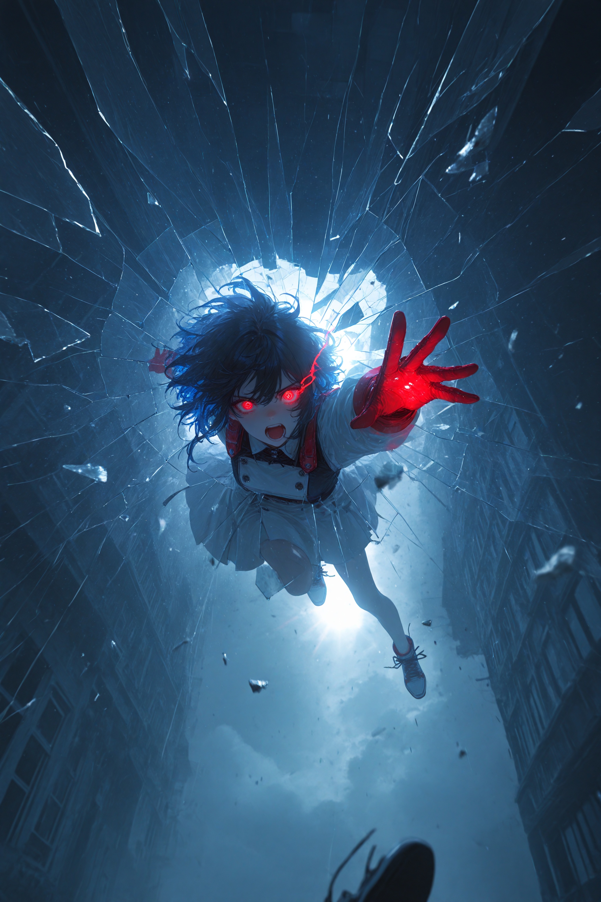 jumpingmidair,(1girl, solo:1.2),open mouth,outdoors,building,(broken glass:1.5),shoes,(red gloves:1.3),Glow,reflective glass,light pollution,looking at viewer,face focus,eye trail,backlighting,blue and white theme,depth of field,cinematic lighting,light particles,lens flare,(artist:quasarcake:0.8),extreme aesthetic,(wlop:0.6),masterpiece,best quality,good quality,newest,year 2024,year 2023,very aesthetic,absurdres,Visual impact,A shot with tension,ultra-high resolution,32K UHD,sharp focus,best-quality,masterpiece,Emotionalization,unconventional supreme masterpiece,masterful details,temperate atmosphere,with a high-end texture,in  the style of fashion photography,(Visual impact:1.2),giving the poster a dynamic and visually striking appearance,impactful picture,offcial art,colorful,splash of color,movie perspective,masterpiece,best quality,amazing quality,very aesthetic,absurdres,best quality,newest,flying debris,dust,smoke,