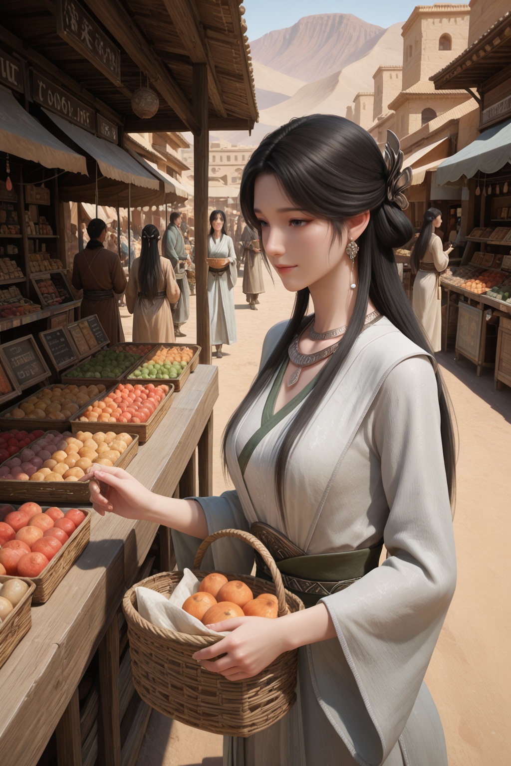 masterpiece,best quality,realistic,outdoors,desert ancient city,shop,market,stall,people,luomo,from_side,<lora:illustrious-梅凝-v1.6:0.65>,1girl,meining,black hair,long hair,jewelry,hair ornament,earrings,necklace,hanfu,light smile,holding_basket,talk to people,