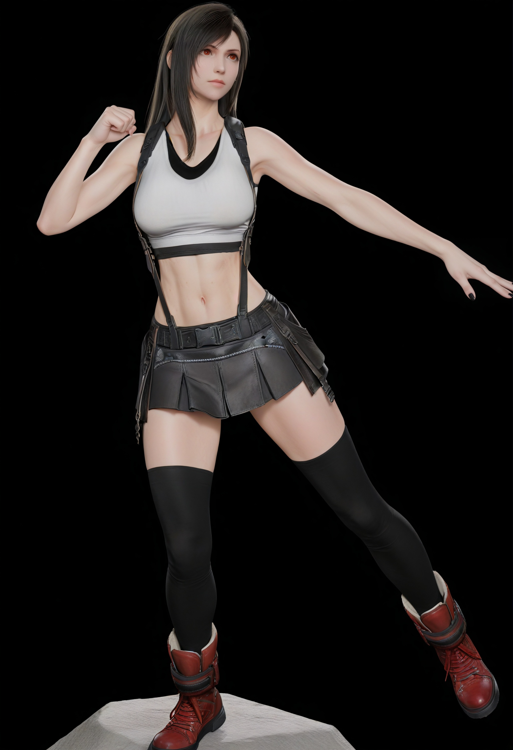 (score_9),shaded_face,jitome,collarbone,(glamor:1.1),narrow waist,<lora:Tifa_ill:0.85>,1girl,solo,tifa lockhart,long hair,black hair,amber eyes,red eyes,black undershirt,white **** top,crop top,suspenders,black skirt,suspender skirt,belt,miniskirt,combat boots,ankle_boots,thighhighs,black thighhighs,navel,groin,(mound_of_venus),toned body,athletic body,toned midriff,large breasts,black nails,(high_kick),feet_up,fighting stance,fist bump,(white_skin),(sweaty skin),(very sweaty),(pale_skin),(fair_skin),shiny wet,warm soft,high detail,soft pastel lighting,aesthetically pleasing,simple background,black background,