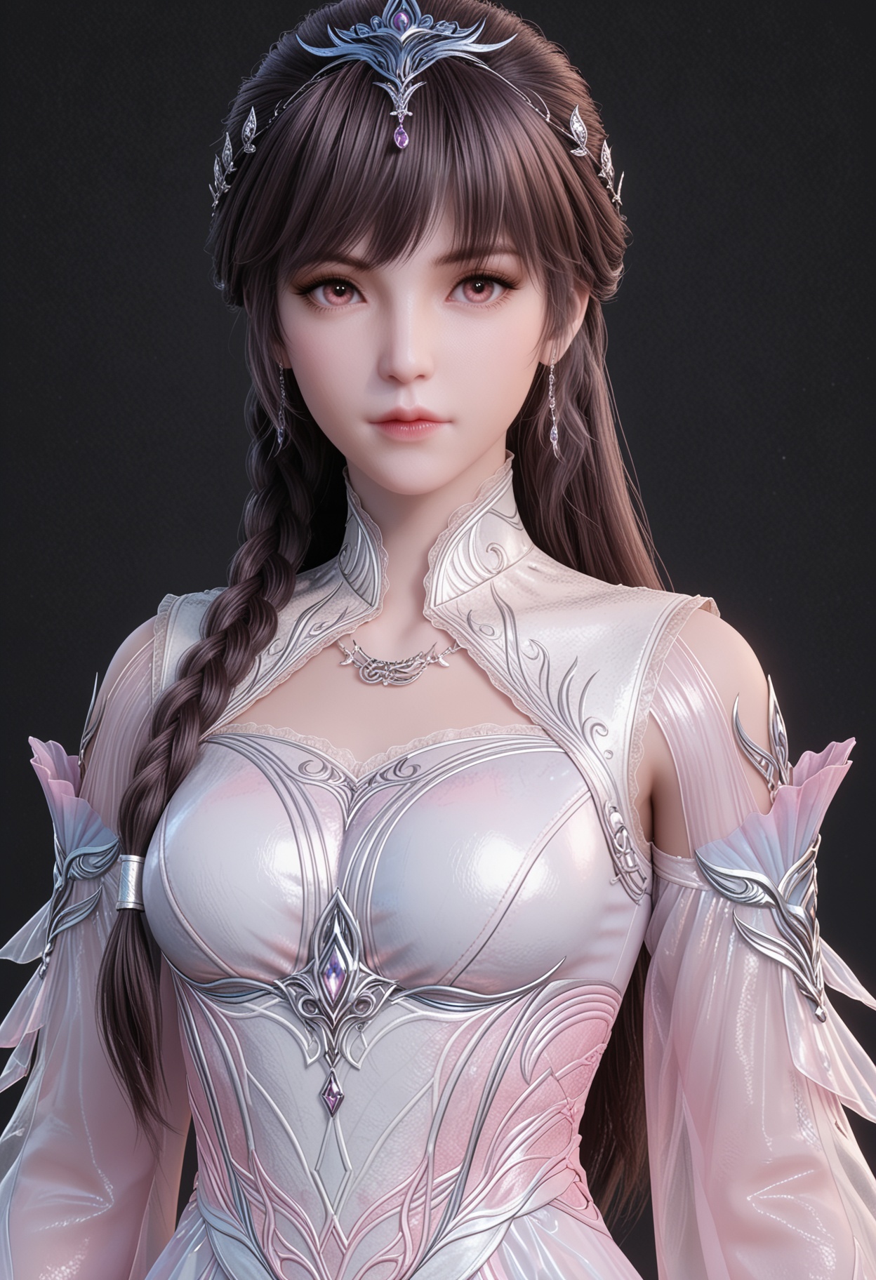 (upper_body:1.2),score_9,score_8_up,masterpiece,(best quality),intricate details,facing viewer,(looking at viewer:1.1),<lora:YQ_pony_xiaowu_shenzhuang1_V4:0.8>,q1528437228,1girl,solo,long hair,braid,dress,brown hair,hair ornament,white dress,jewelry,detached sleeves,pink dress,tiara,black hair,long sleeves,brown eyes,necklace,earrings,twin braids,pink eyes,collar,shoes,high heels,white footwear,BREAKscore_9,score_8_up,masterpiece,(best quality),perfect anatomy,(hourglass),perfect face,(simple background,pure black background,black background:1.1),fair_skin,shiny_skin,Ivory_skin,