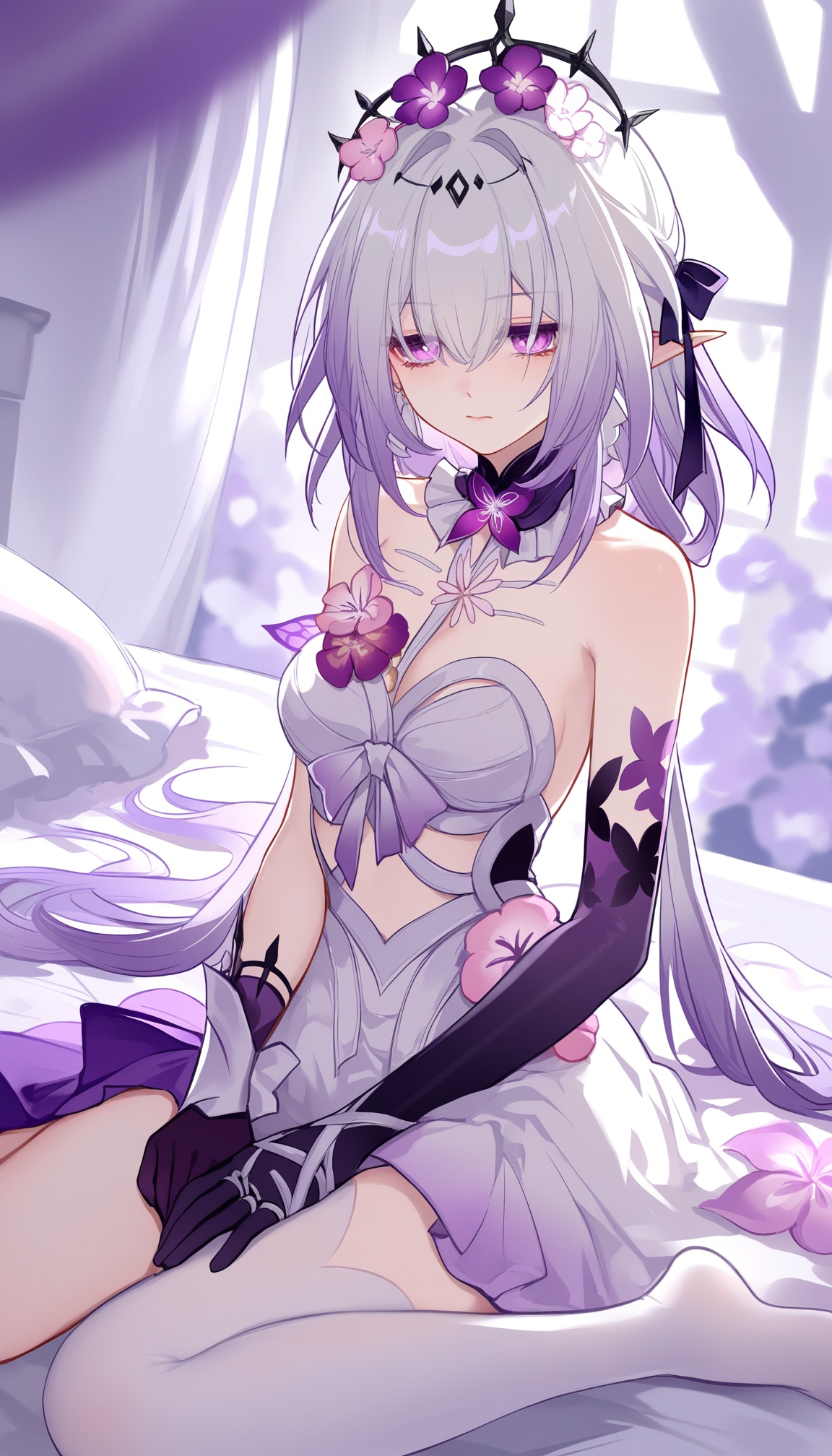 xiadie,a girl named xiadie,1girl,solo,bare shoulders,white dress,black gloves,purple gloves,elbow gloves,purple flower,white thighhighs,<lora:瑕蝶2noob:1>,indoors,bedroom,wariza,(16-year-old girl:1.3),honkai: star rail,year 2024,(sheya:0.2),(ooo_wange:1),(wlop:0.0),very awa,very as2,best quality,masterpiece,best quality,absurdres,highres,newest,