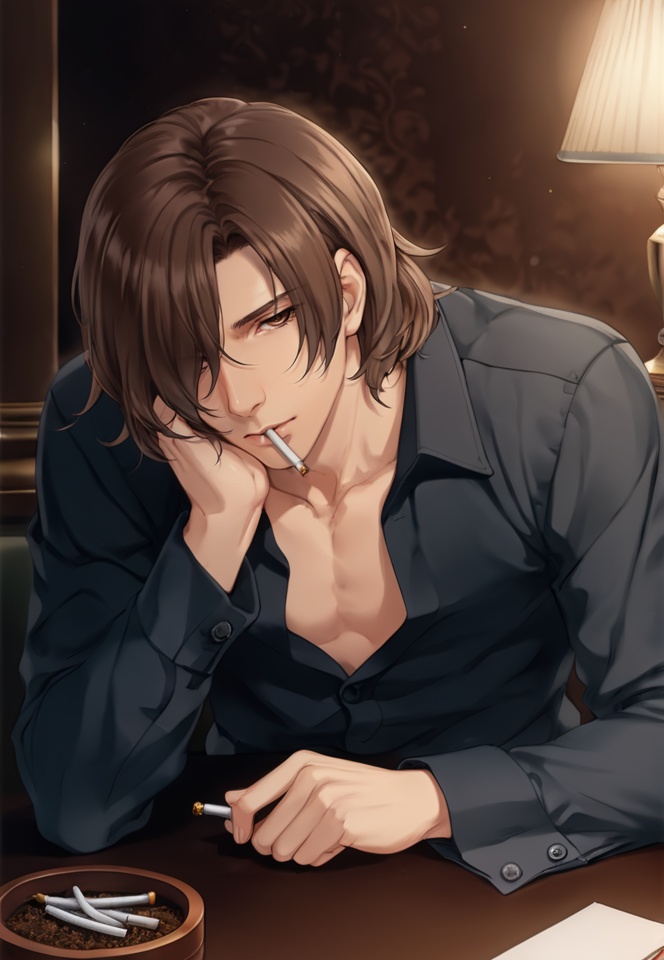(best quality), ((masterpiece)), (highres), illustration, original, extremely detailed,   <lora:黑暗物语 葬の花:0.7>solo, 1boy, male focus, feathers, brown hair, cigarette