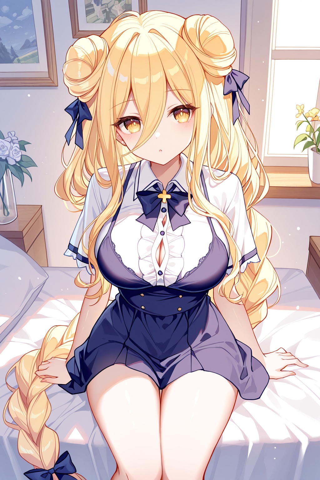 masterpiece, best quality, newest, absurdres, highres,quan \(kurisu tina\), bison cangshu,   mukuro(nor), 1girl, blonde hair, long hair,single braid, yellow eyes, messy hair, absurdly long hair,  <lora:mukuroXLNAI:1>, masterpiece, best quality, newest, absurdres, highres,(nibiiro shizuka:0.6), (torino aqua: 0.5),(shanguier:0.4),(ningen mame:0.5),(mignon:0.5),(sheya:0.6),