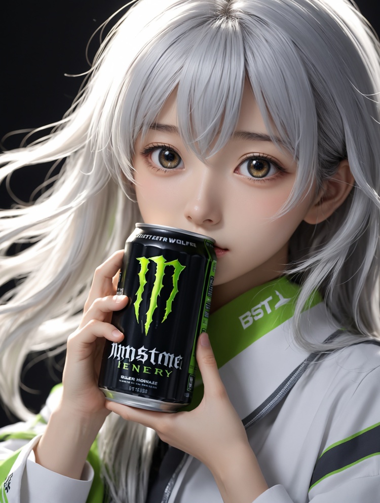[[[silver wolf (honkai: star rail)]]], artstyle, solo, loli, bags under eyes, jitome, tired, close-up, holding monster energy, tin cans, black background, best quality, amazing quality, very aesthetic, absurdres