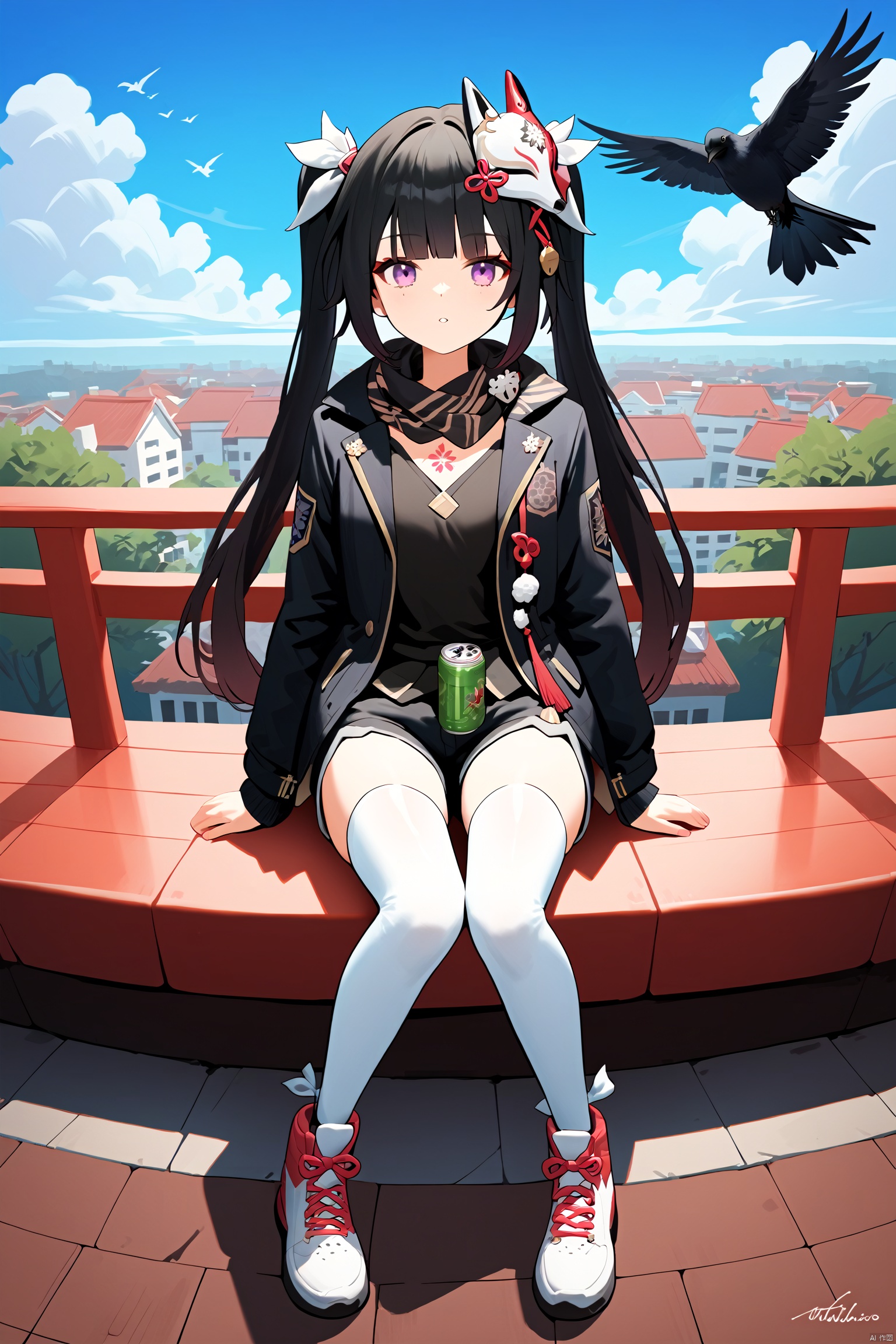 score_9, score_8_up, score_7_up, score_6_up, score_5_up, score_4_up, best quality,masterpiece,4k,very aesthetic,uncensored,rating_explicit,rating_questionable, BREAK \\\\\\\\\\\nai3, 1girl, long hair, thighhighs, solo, black hair, white thighhighs, shorts, holding, sitting, green eyes, bird, white footwear, shoes, black shorts, scarf, sneakers, jacket, looking at viewer, outdoors, bangs, long sleeves, shirt, open clothes, full body, short shorts, can, black jacket, sky, holding can, railing, ribbon, black shirt, day, open jacket, parted lips, white ribbon, building, black scarf, crow, cityscape, rooftop,////////////////////////// huahuo, mask on head, black hair, twintails, purple eyes, fox mask,Cherry blossom tattoo, chest tattoo<lora:EMS-311794-EMS:0.700000>, <lora:EMS-271962-EMS:0.500000>, <lora:EMS-36433-EMS:0.400000>