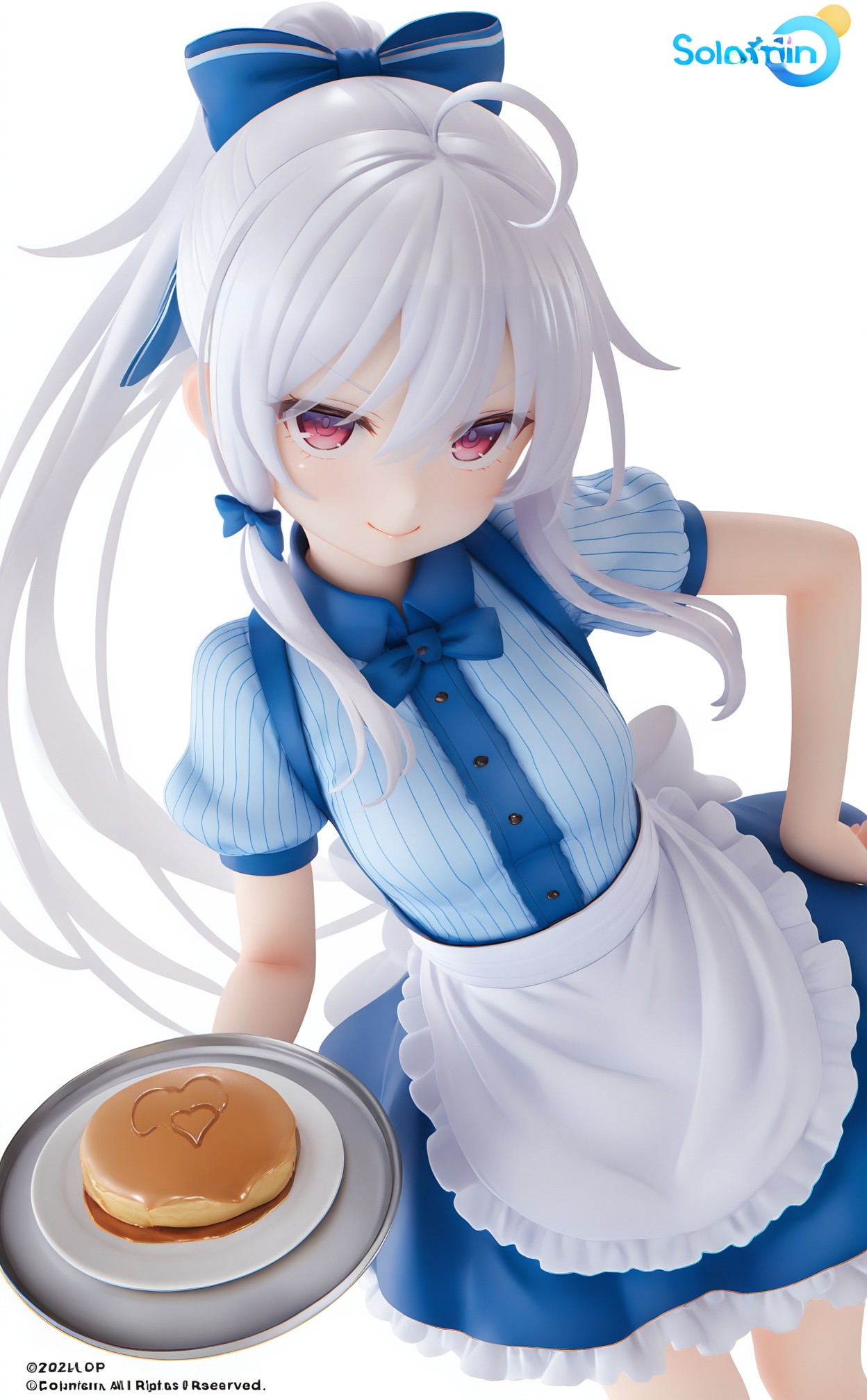 masterpiece,absurdres,best quality,loli,petite,high quality,chromatic_aberration,//,1girl, waitress, solo, frills, long hair, apron, hair between eyes, smile, holding tray, frilled skirt, tray, looking at viewer, closed mouth, pinstripe shirt, ponytail, skirt, short sleeves, hand on own hip, very long hair, white apron, holding, frilled apron, blue skirt, puffy short sleeves, puffy sleeves, blue ribbon, ribbon, hair ribbon, blue shirt, white hair, white background, standing, breasts, simple background, ahoge, cowboy shot, upturned eyes, paw print, shirt, pinstripe pattern, eyelashes, large breasts, waist apron, bow, >:), hair bow, holding plate, purple eyes, alternate costume, blue collar, blue bow, red eyes, striped clothes, eyes visible through hair, v-shaped eyebrows, foreshortening, sidelocks, copyright name //,<lora:PVC7——【noob】hans:1>,