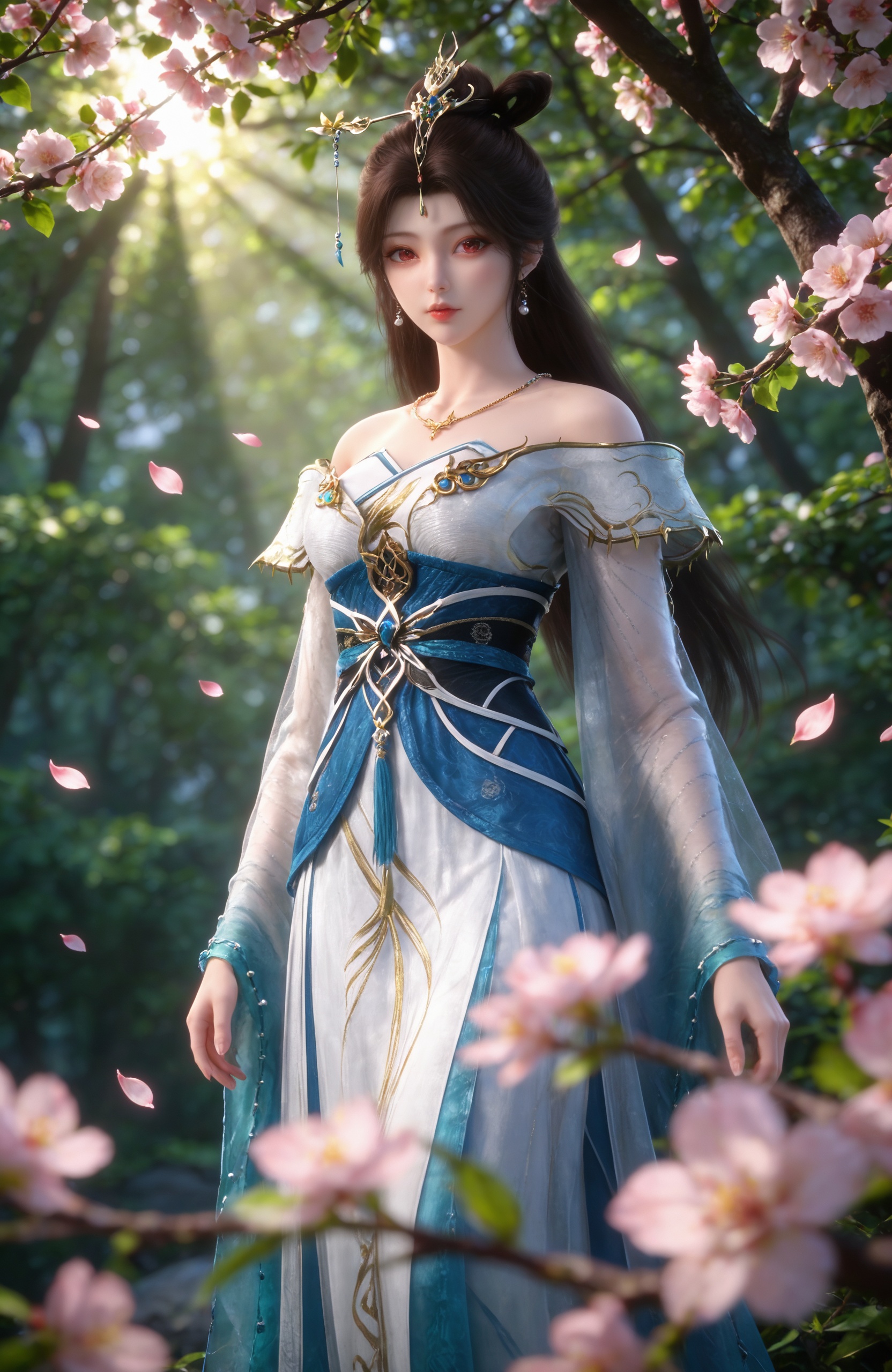 <lora:百炼成神3-玄鉴阁女侍Pony:0.7> 1girl, brown hair, hair ornament,  hair bun, long hair, red eyes, jewelry, earrings, necklace, white dress, long sleeves, bare shoulders, blue dress, chinese clothes,off shoulder, 1girl, solo, tree, branch, sunlight, outdoors, looking at viewer, blurry,  standing, blurry foreground,sun light,Tyndall,cherry blossom,, masterpiece,best quality,amazing quality,very aesthetic,high resolution,ultra-detailed,absurdres,scenery,photorealistic,looking at viewer,moody lighting,peach blossom,falling petals,realistic,photorealistic details,